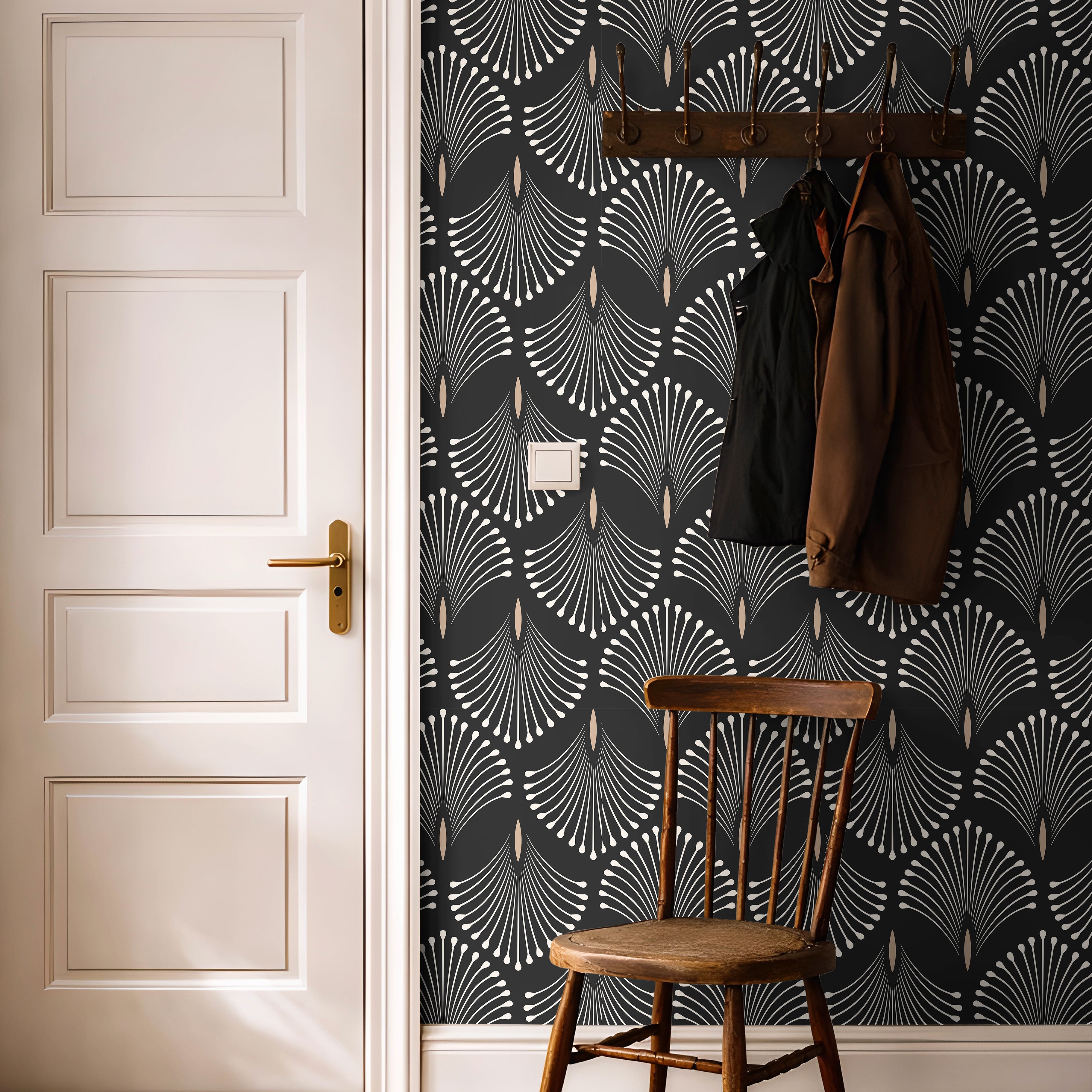 Black art deco wall covering styled with warm wood accents in bright hallway