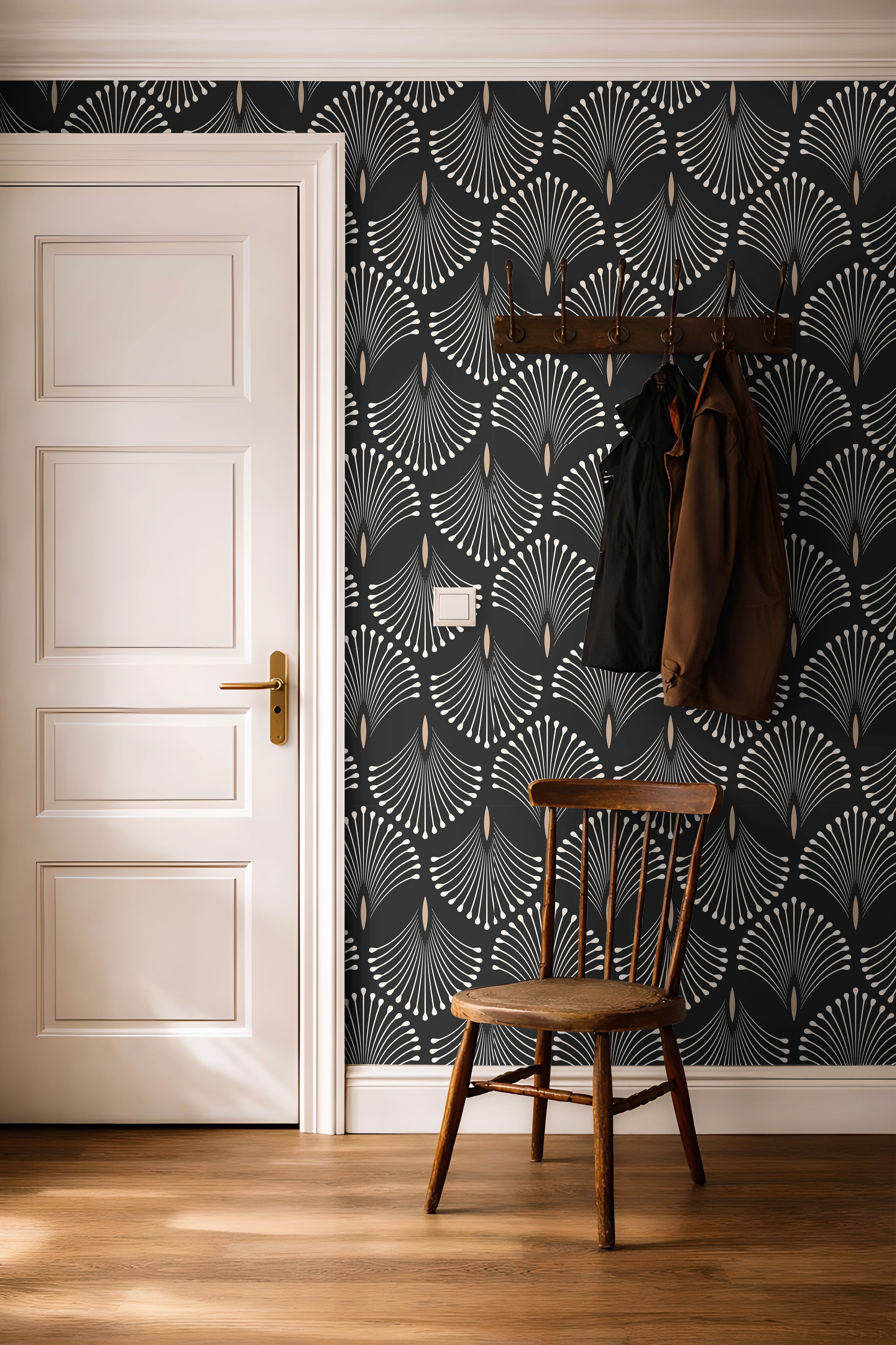 Black art deco wall covering styled with warm wood accents in bright hallway