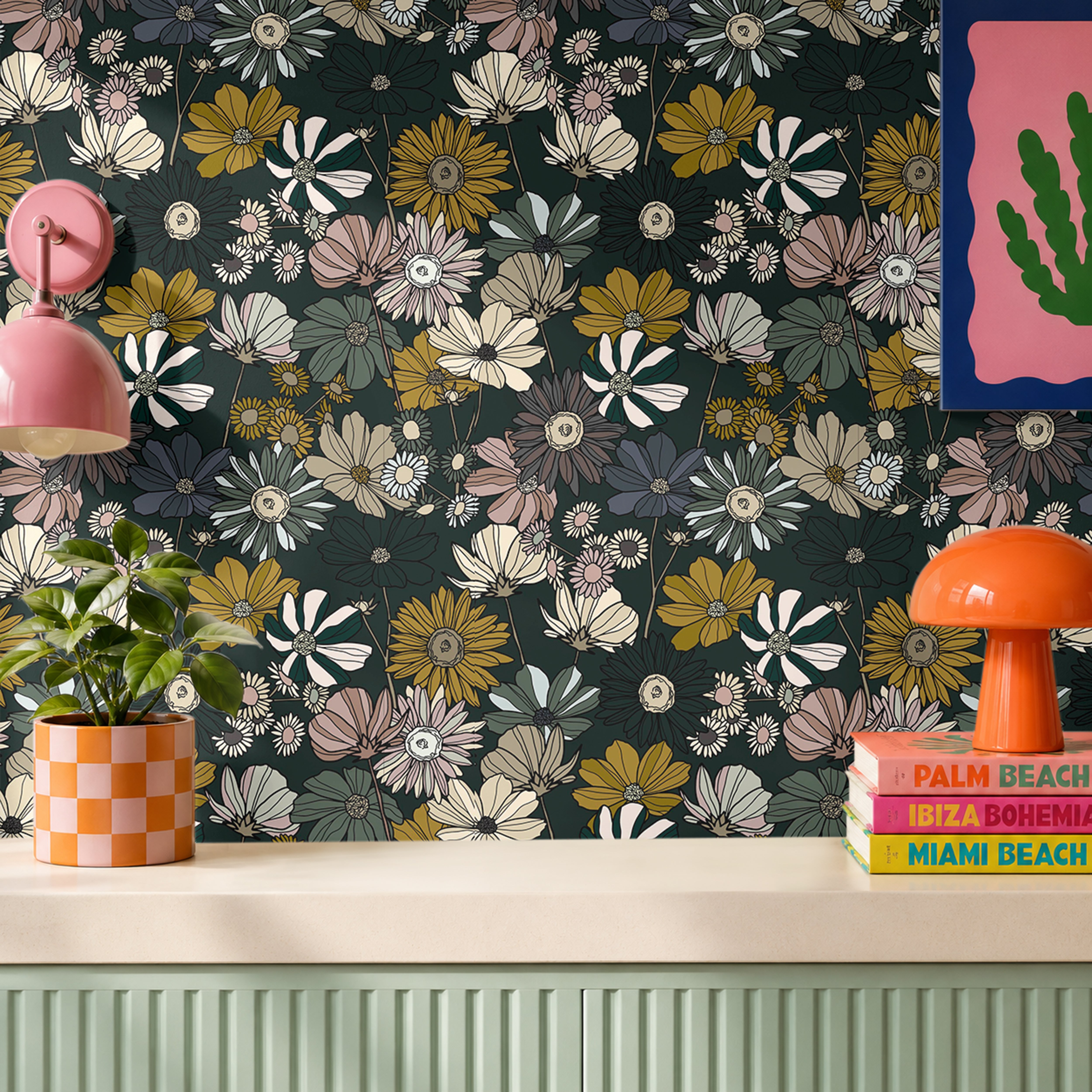 Deep florals with greens yellows and pinks on a dark green background