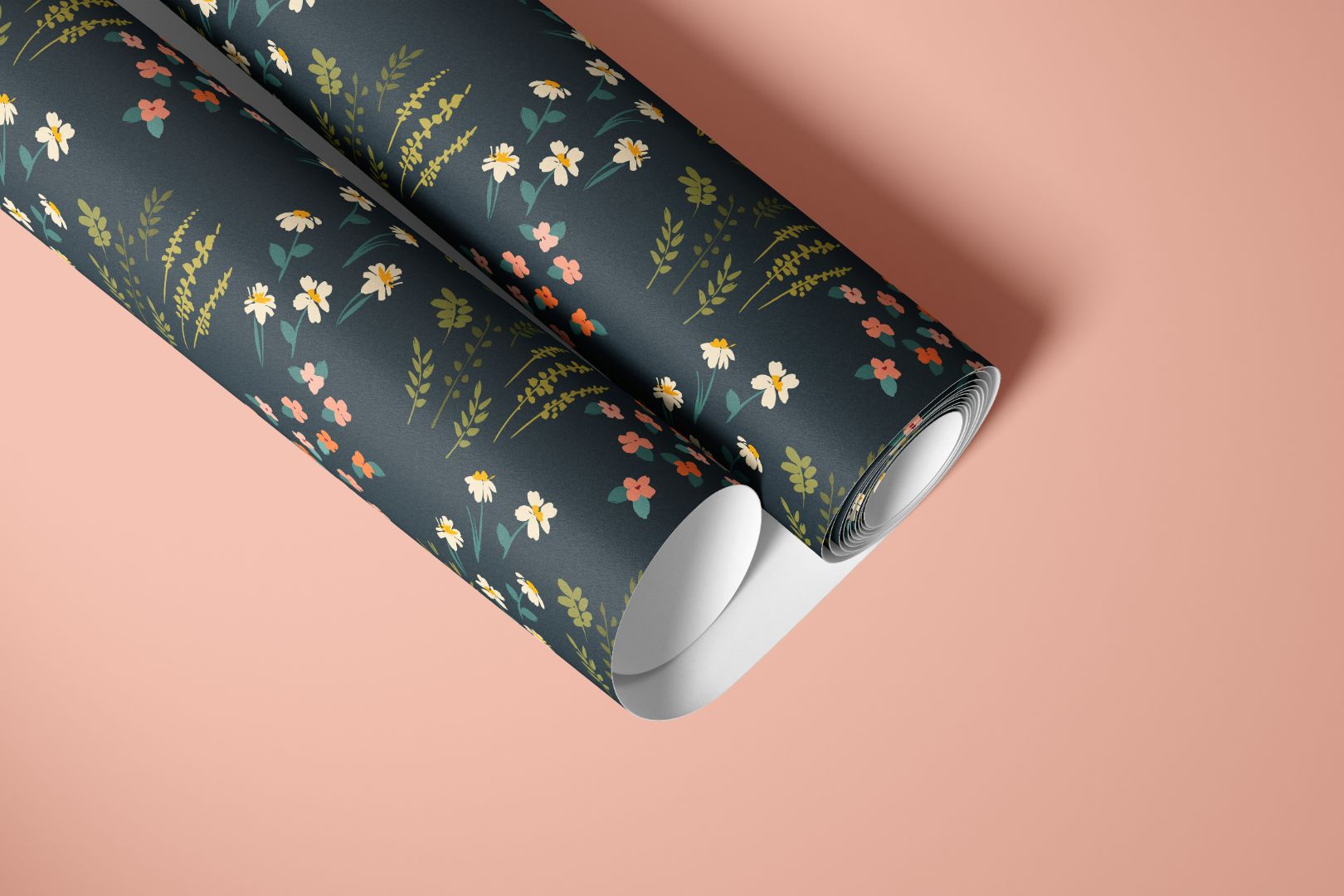 Esmore Hill contact paper roll featuring navy background with ivory daisies and coral floral accents by James & Colors