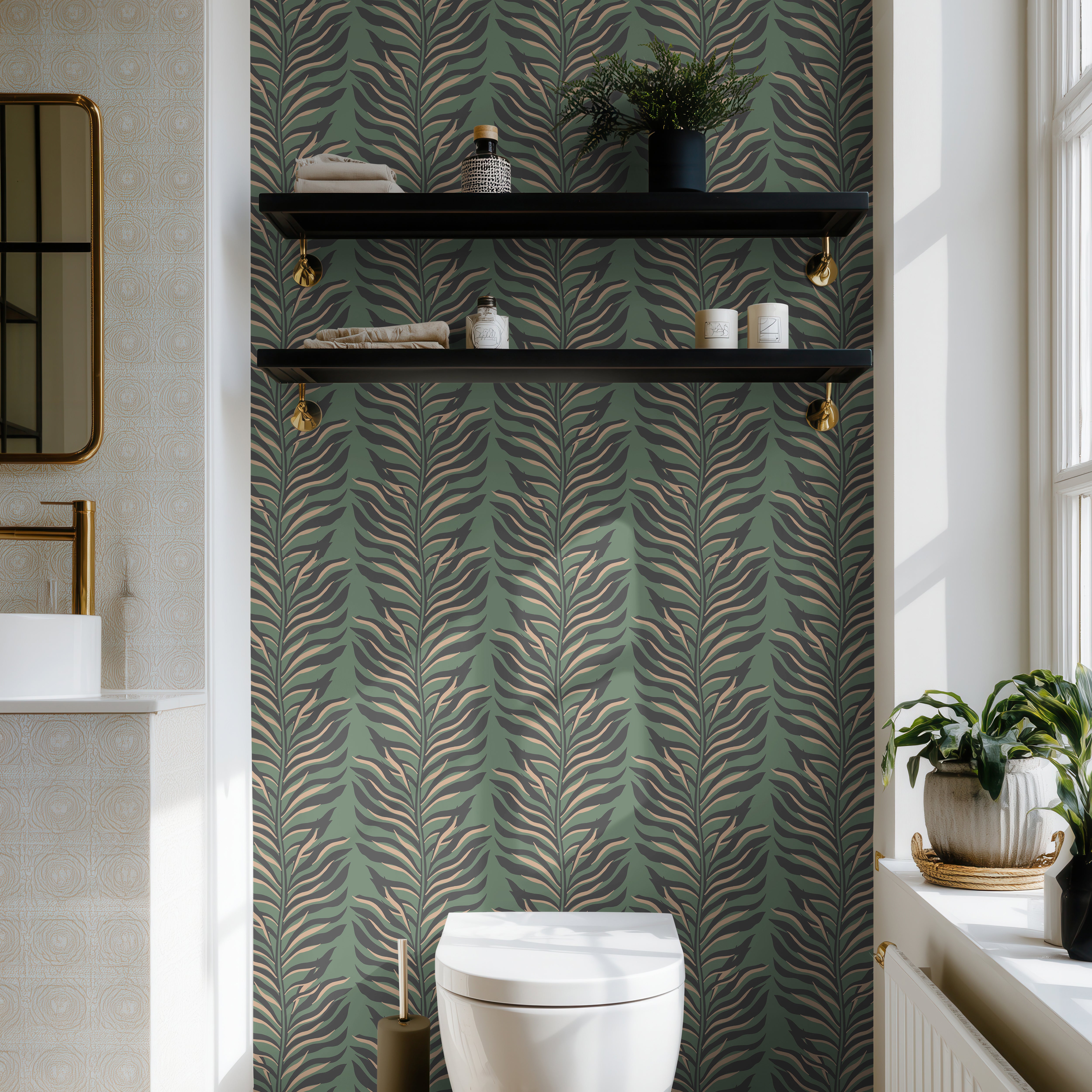 Dark green striped vines on light green background in modern farmhouse bathroom