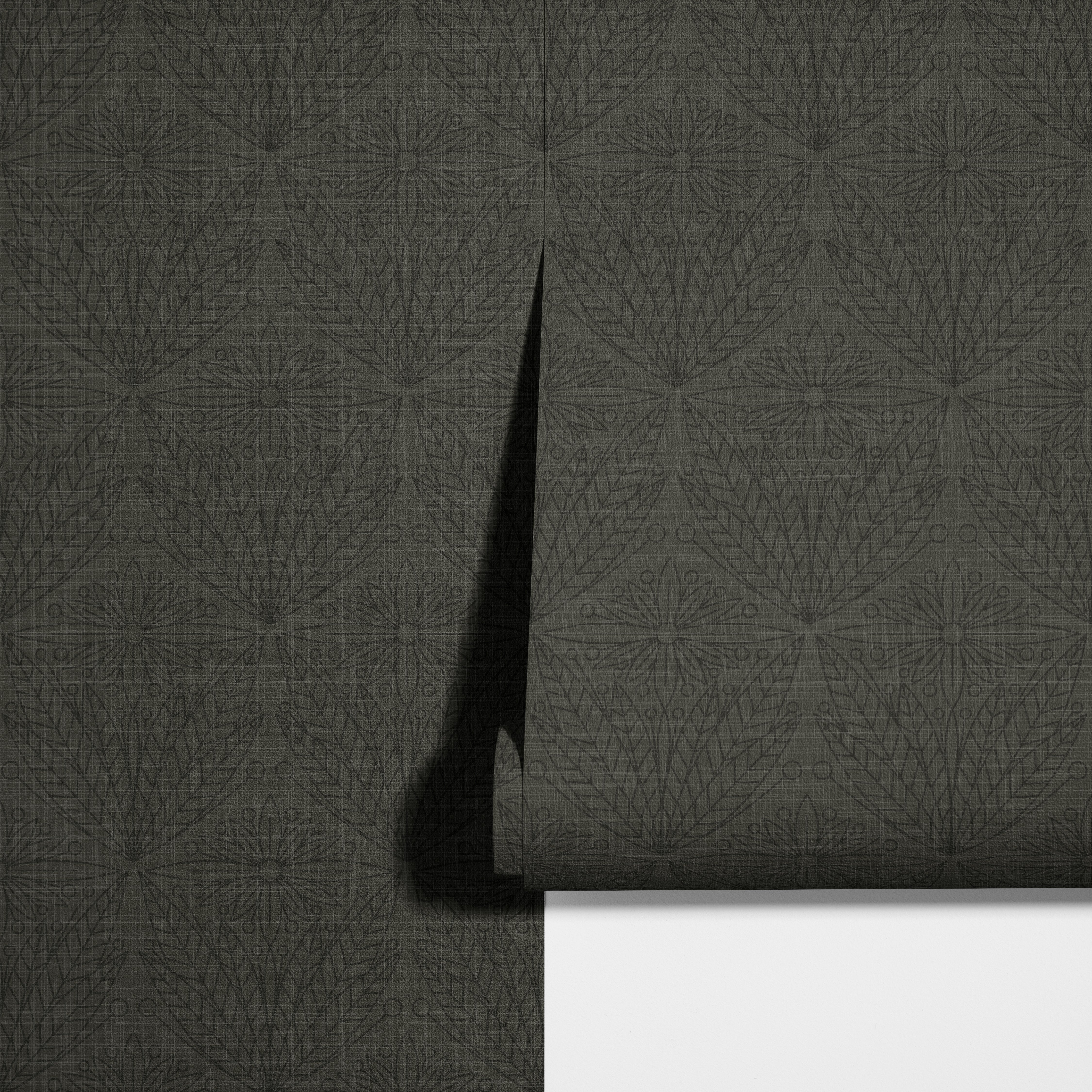 close view of forester and gentry 3555 wallpaper roll with olive green ground and charcoal botanical linework