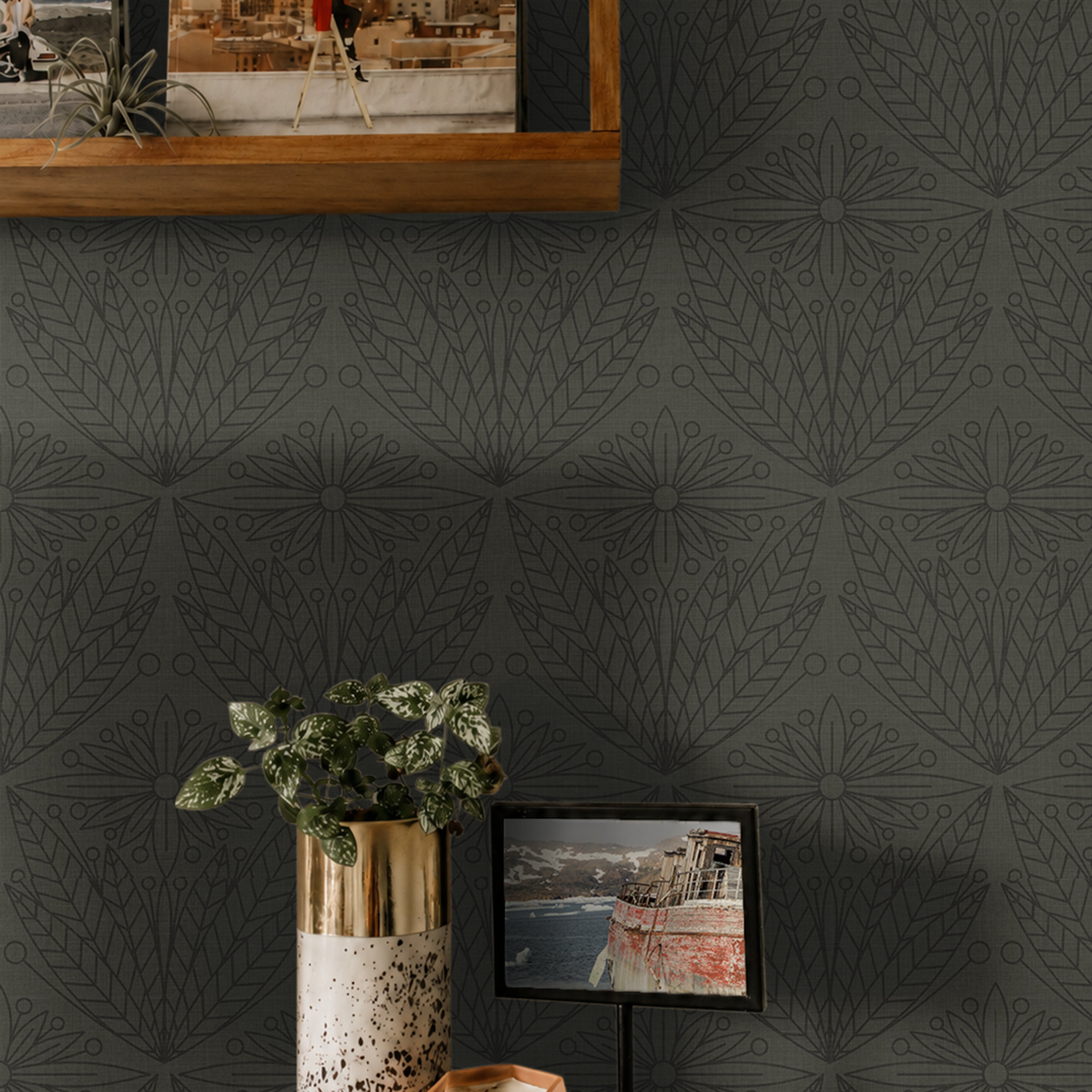 forester and gentry 3555 olive green botanical wallpaper above wood console with plant and framed art