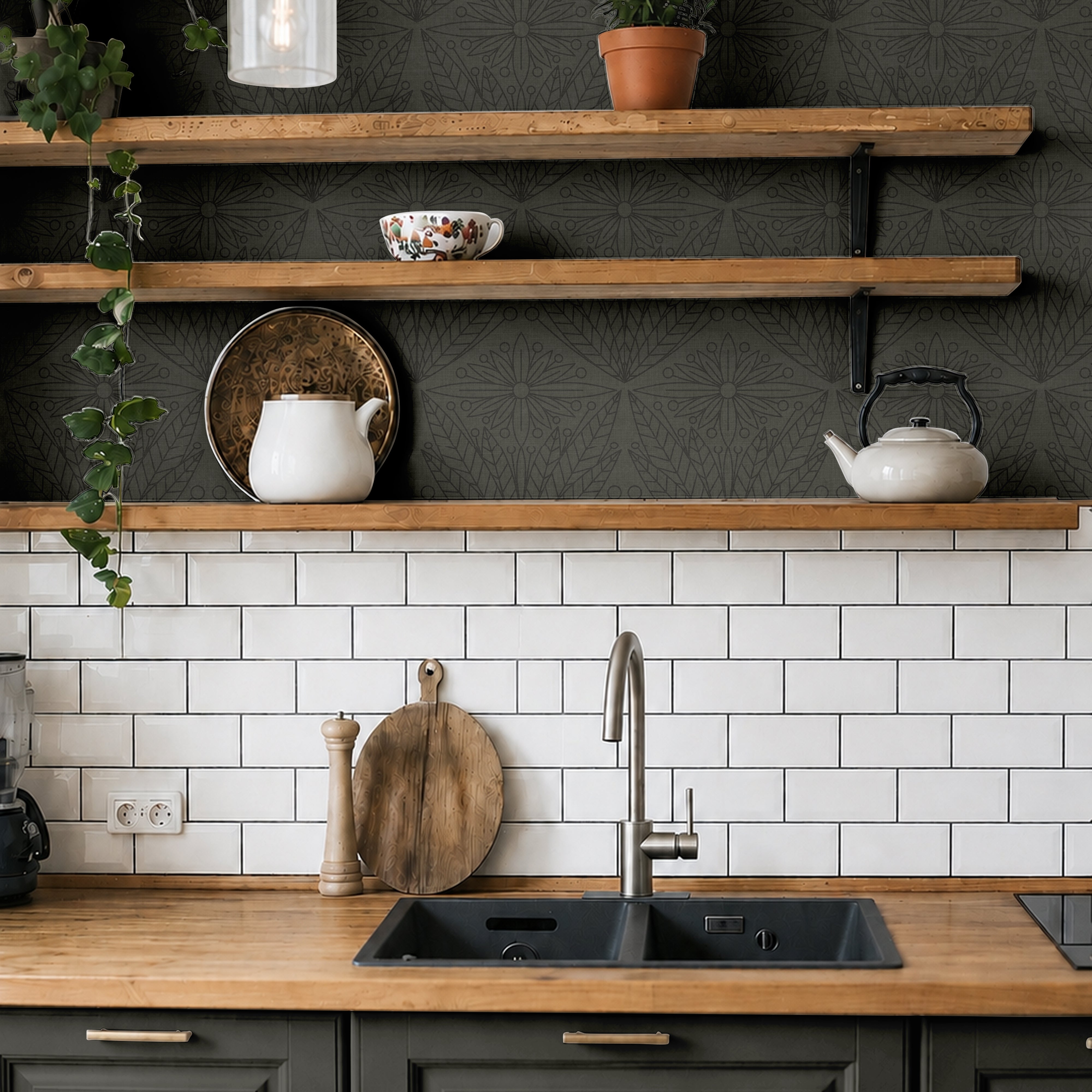 forester and gentry 3555 olive green floral wallpaper in kitchen with wood shelves and white subway tile