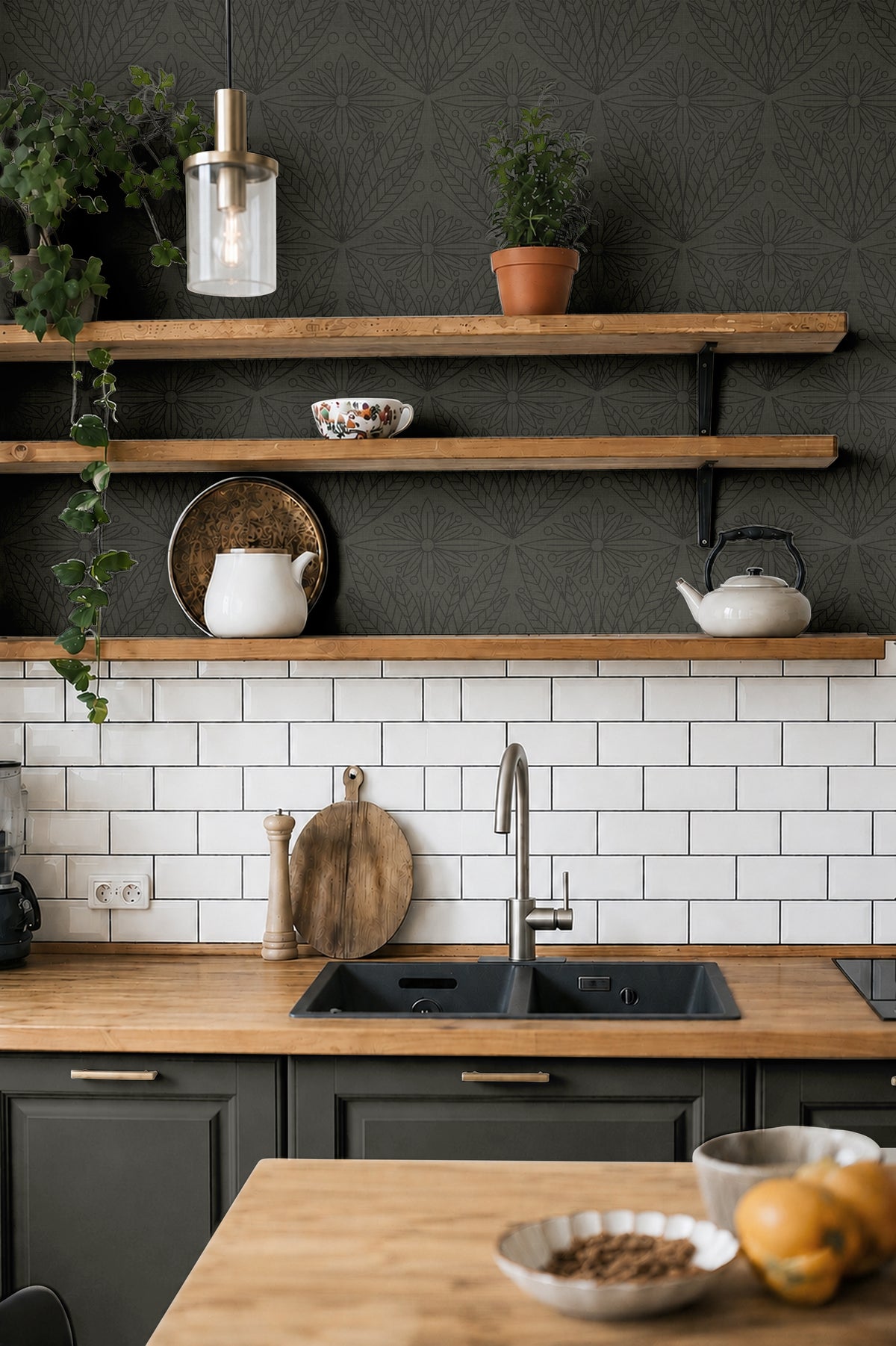 forester and gentry 3555 olive green floral wallpaper in kitchen with wood shelves and white subway tile
