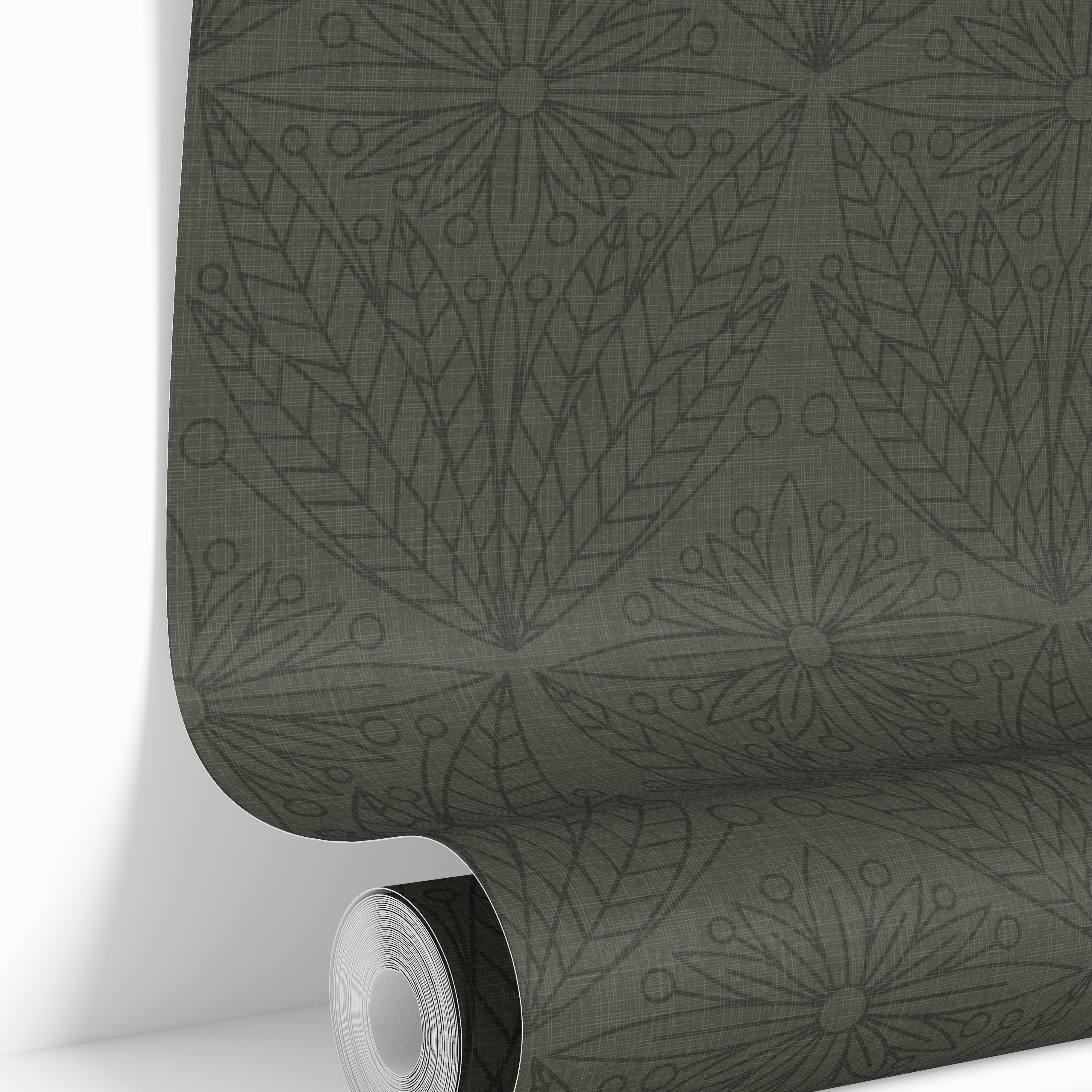 forester and gentry 3555 olive green folk floral wallpaper roll with charcoal flowers and leaf fans
