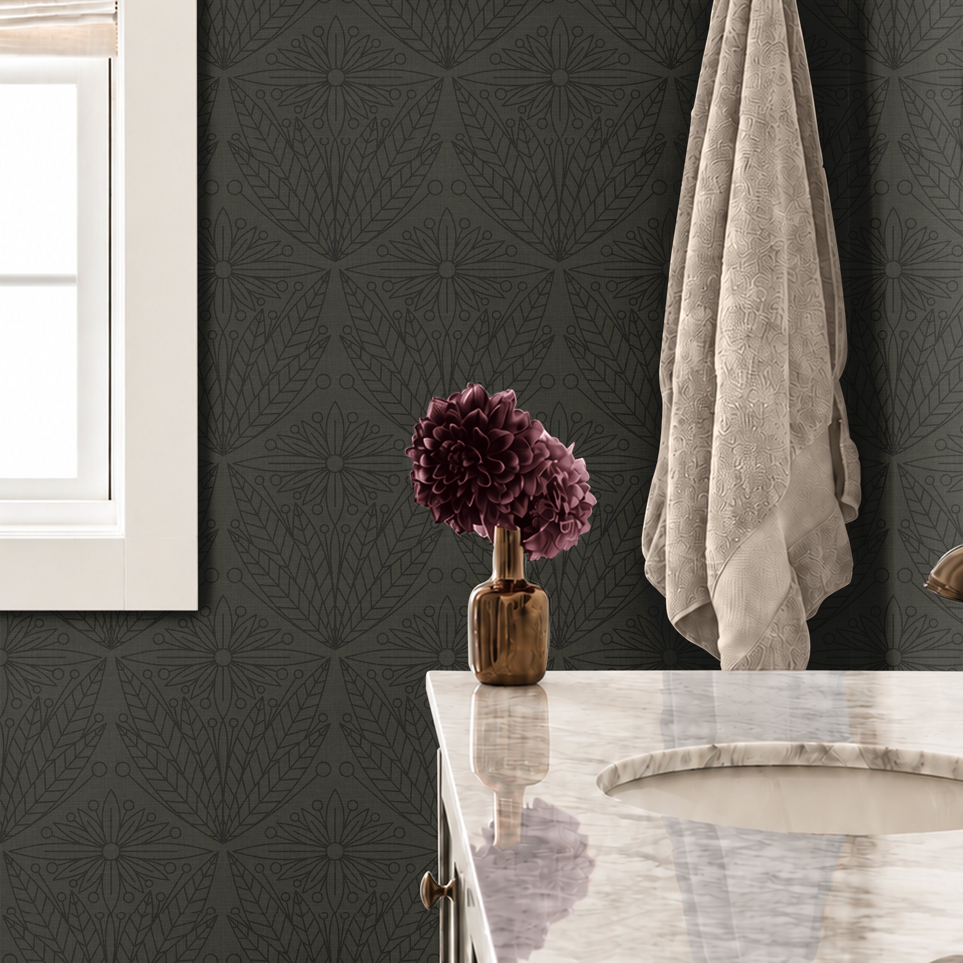 forester and gentry 3555 olive green folk floral wallpaper in powder room with brass hooks and ivory towel
