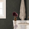 forester and gentry 3555 olive green folk floral wallpaper in powder room with brass hooks and ivory towel
