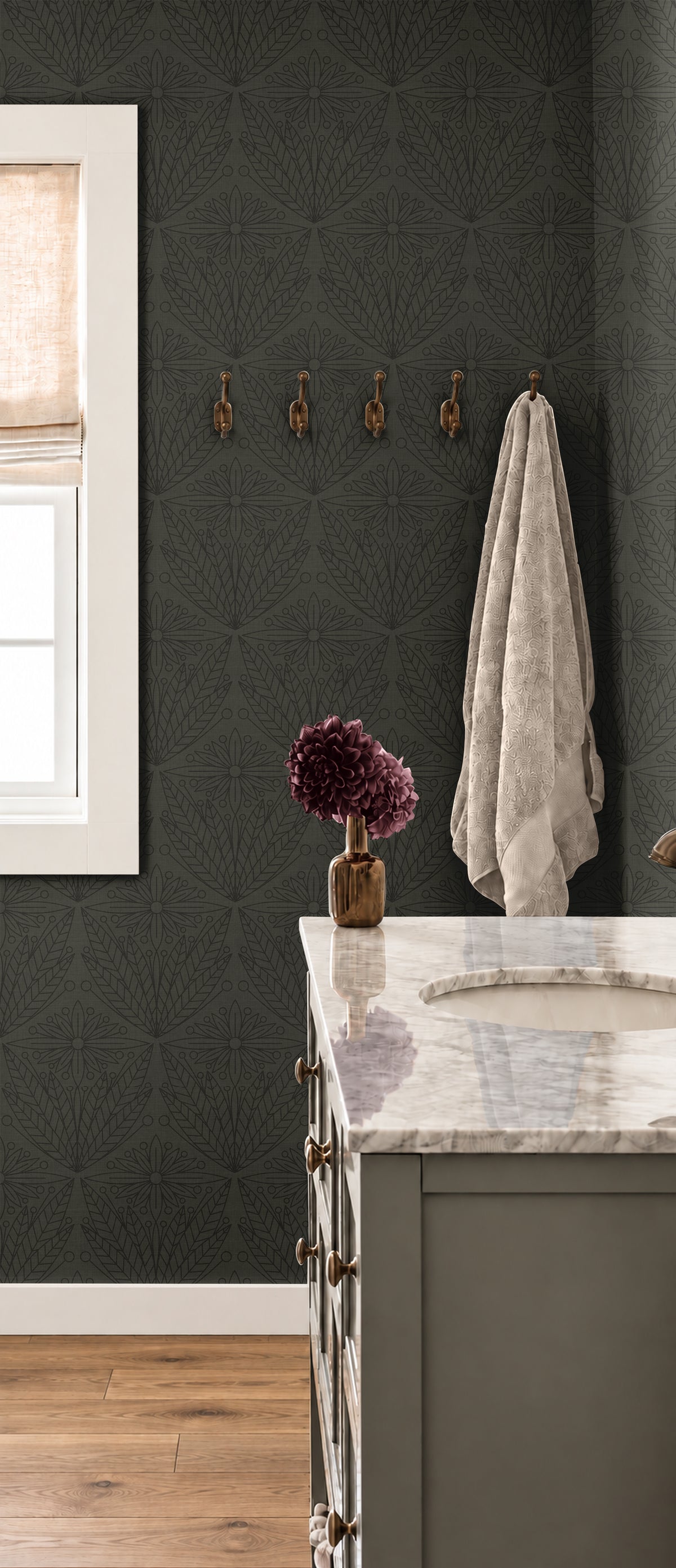 forester and gentry 3555 olive green folk floral wallpaper in powder room with brass hooks and ivory towel
