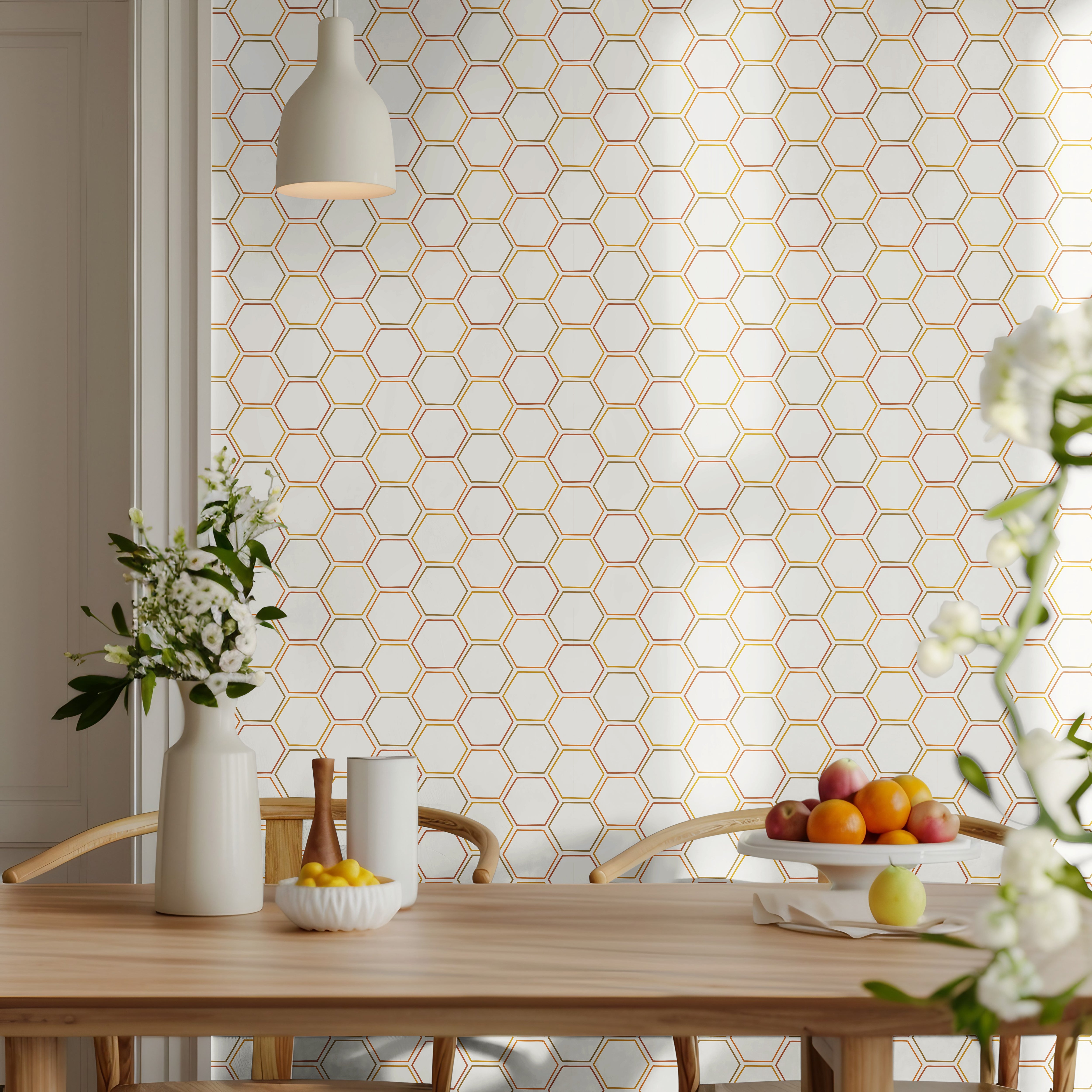 Geometric multicolored golden honeycomb patterns on a white background in a well lit bright interior dining room