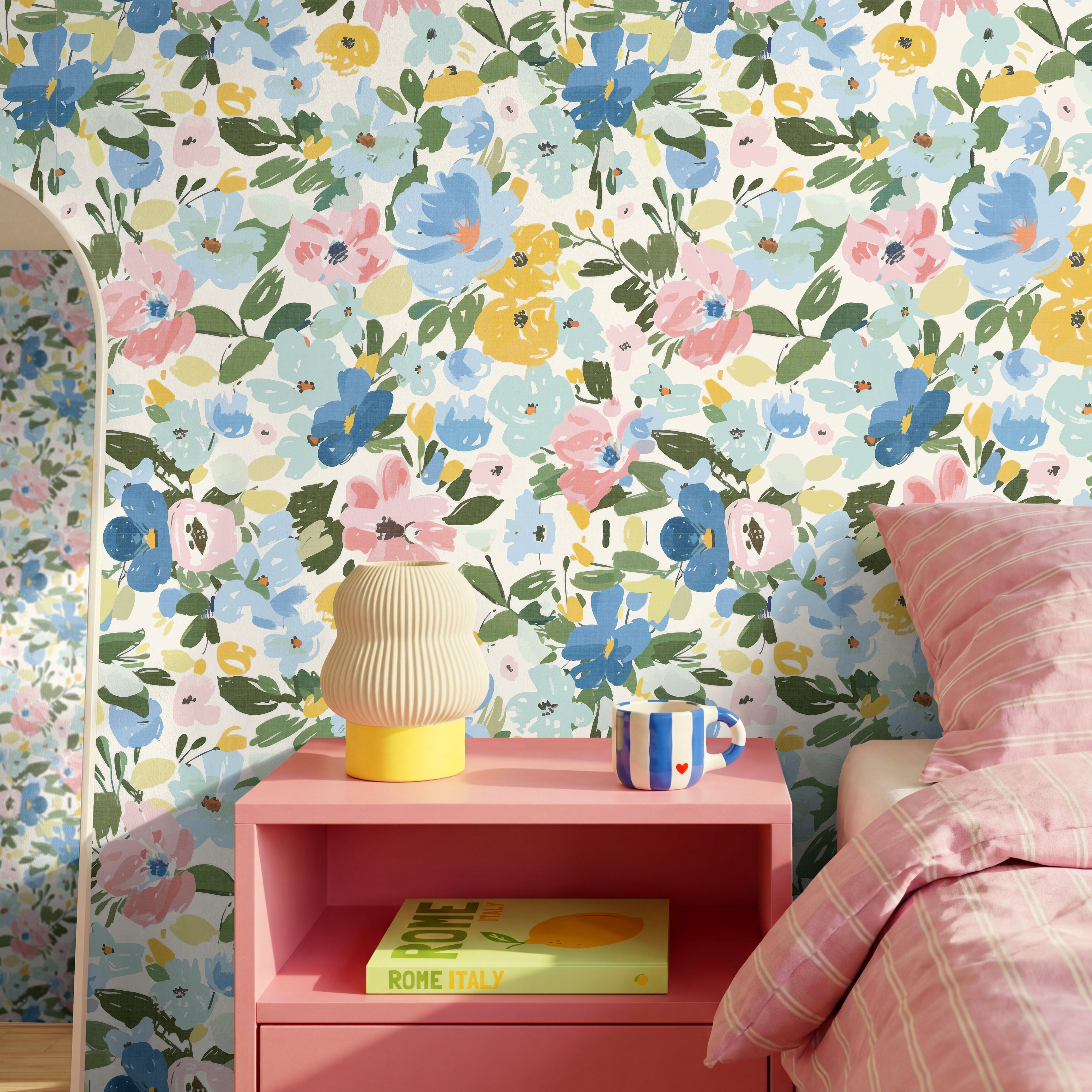 Blue pink and yellow glowing florals on white background