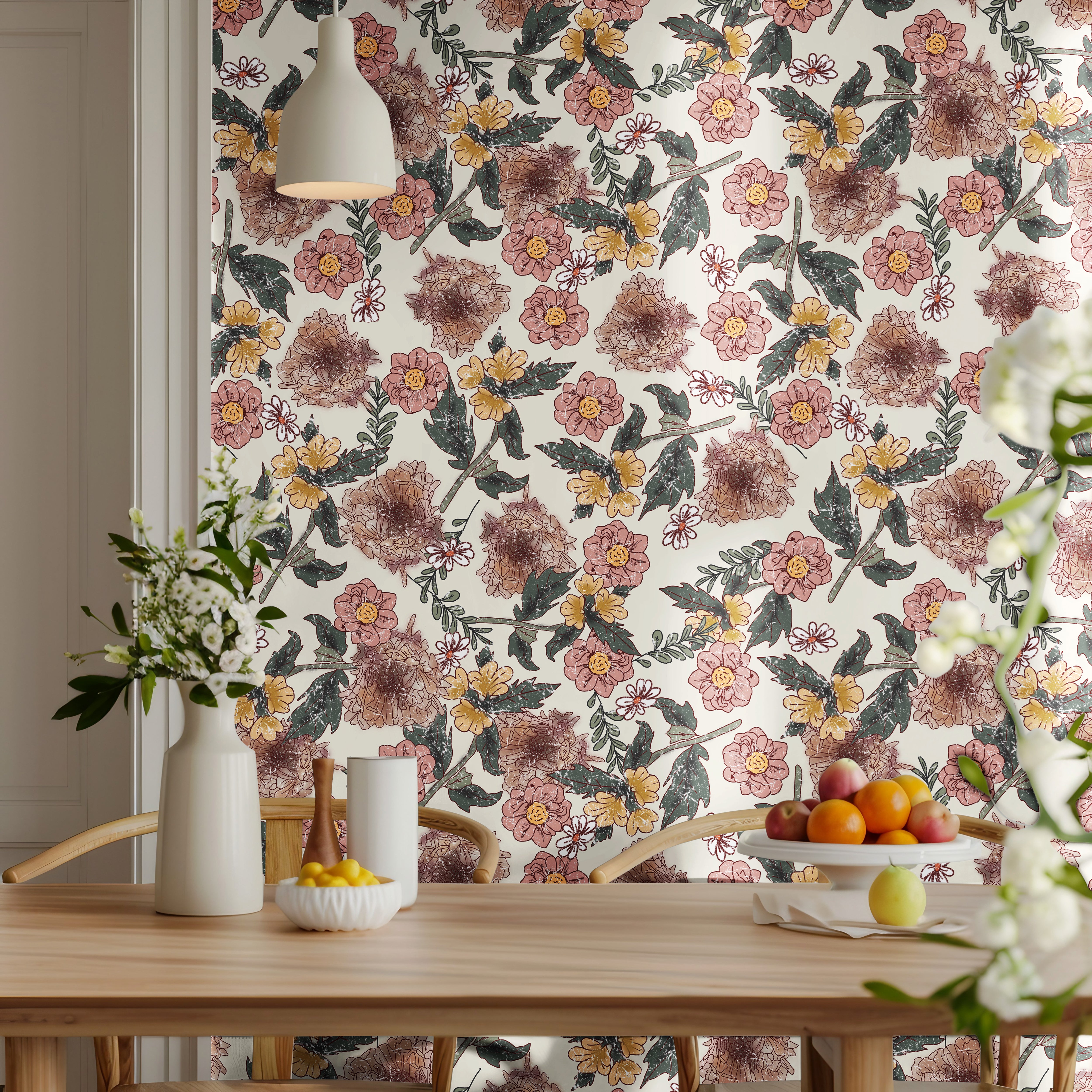 rich floral wallpaper with deep plum petals, golden mustard blooms, and earthy greens.