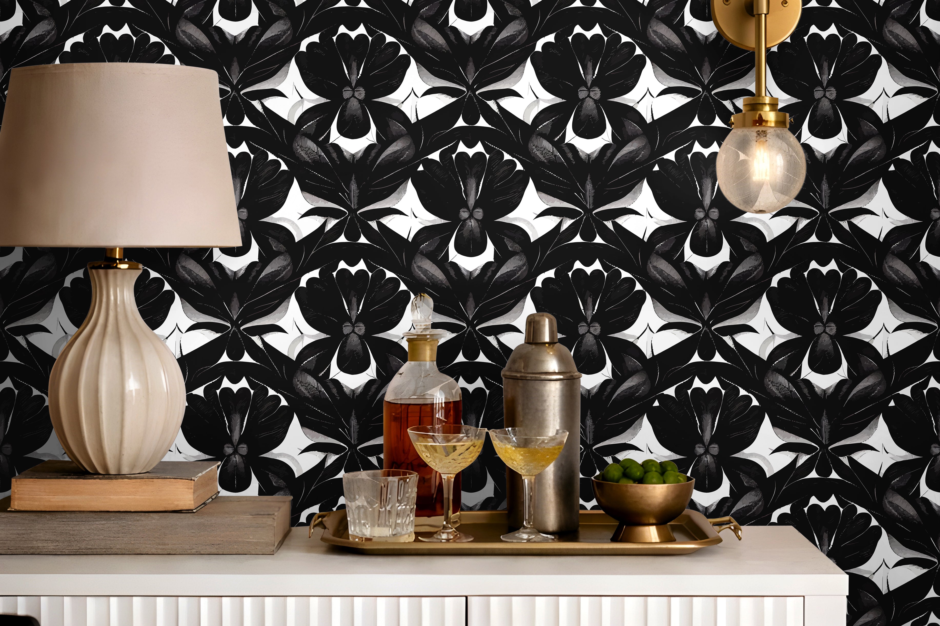 Black and white Geometric florals that look like skulls behind modern day bar credenza