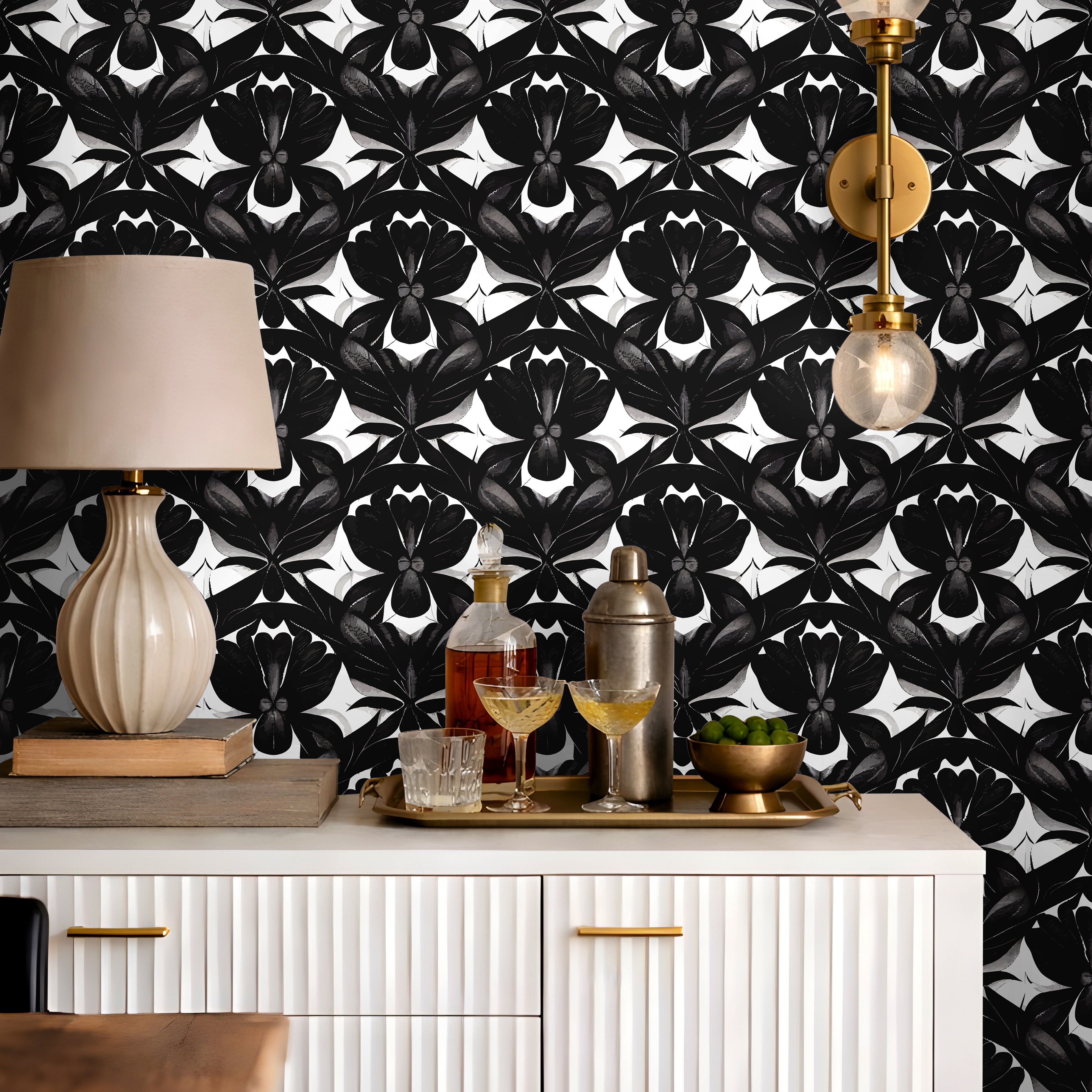 Black and white Geometric florals that look like skulls behind modern day bar credenza