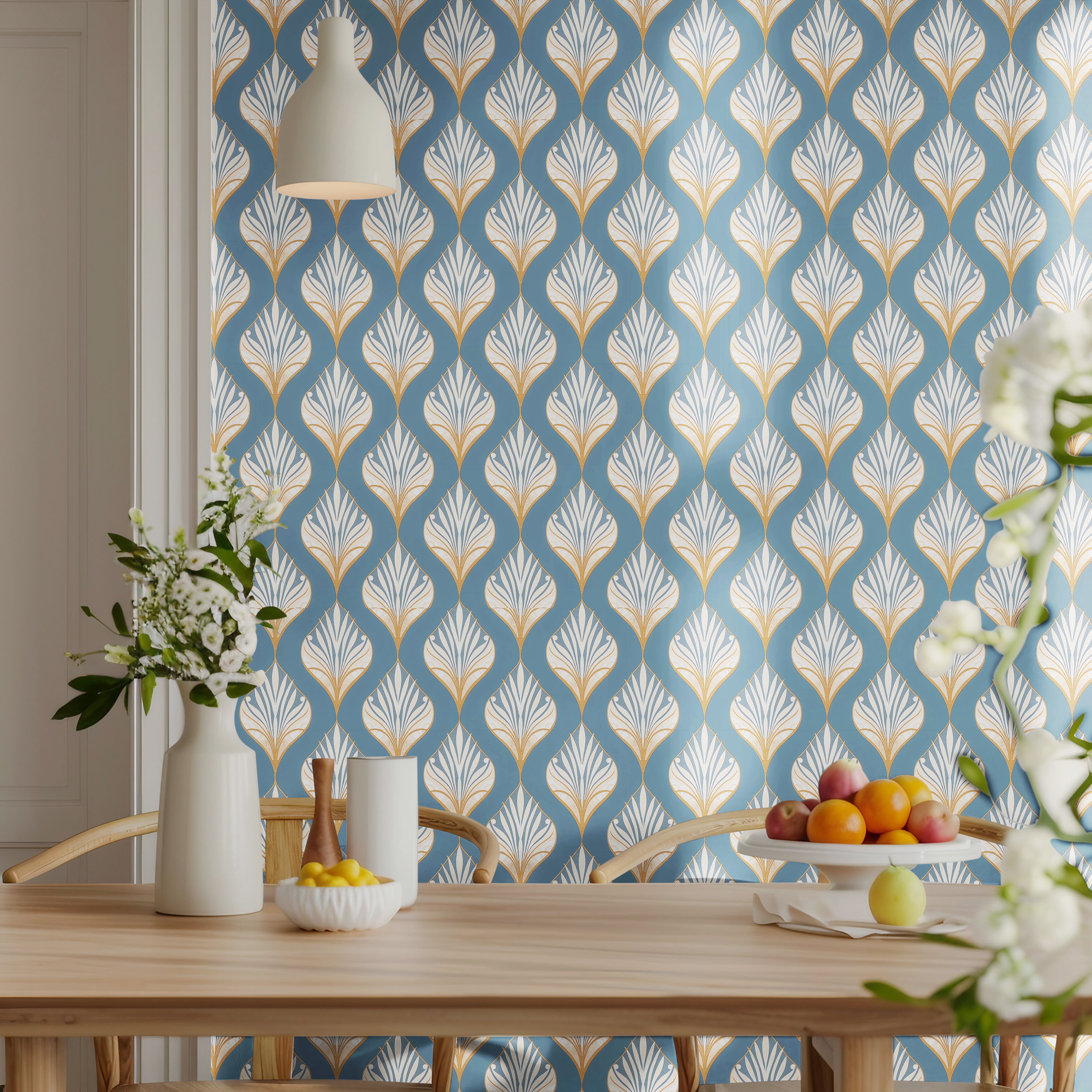 Art Deco motifs featuring deep blue, shimmering gold, and crisp white, creating a bold yet refined look