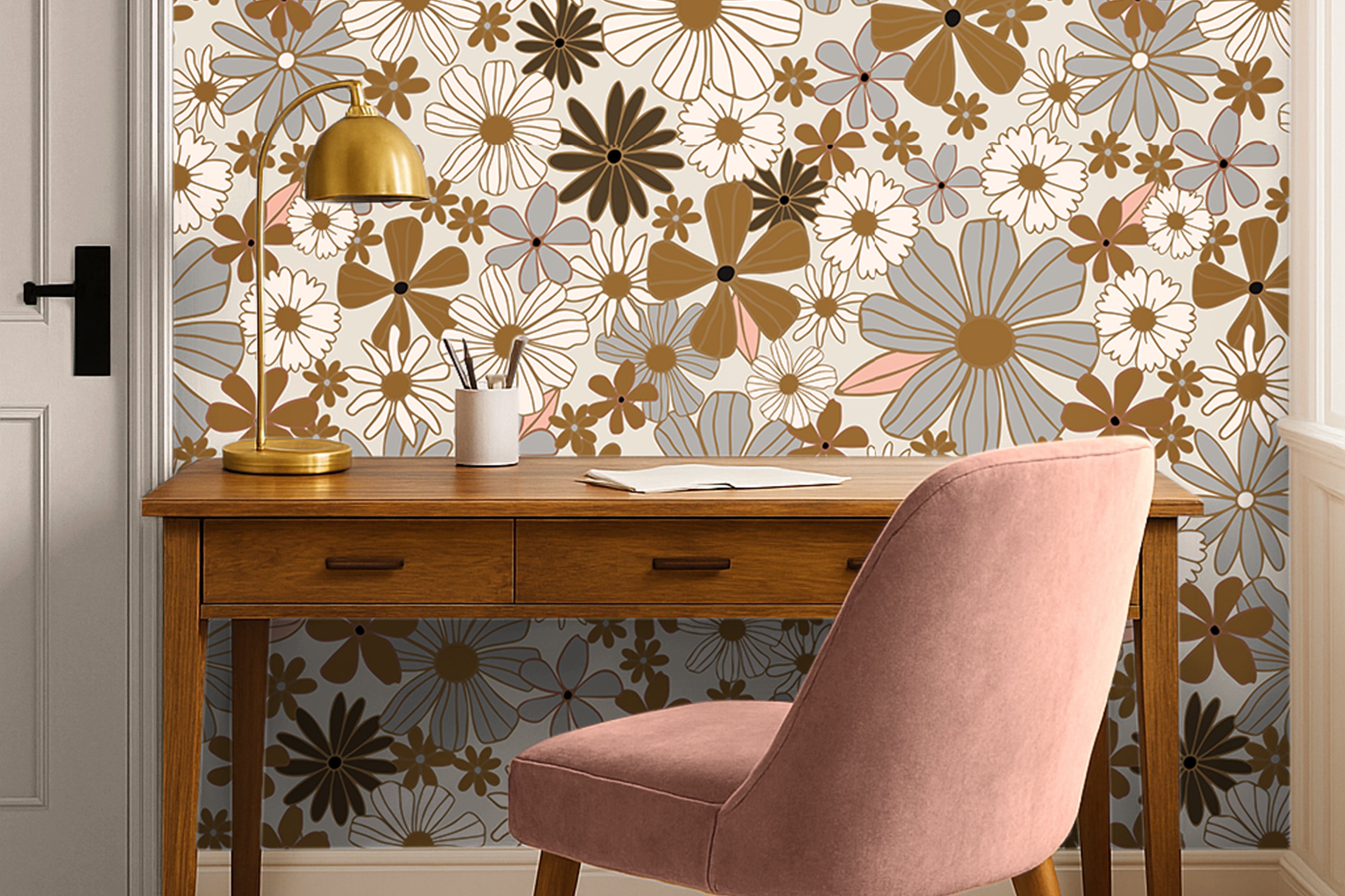 Golden Florals with white background in warm office space with pink accents