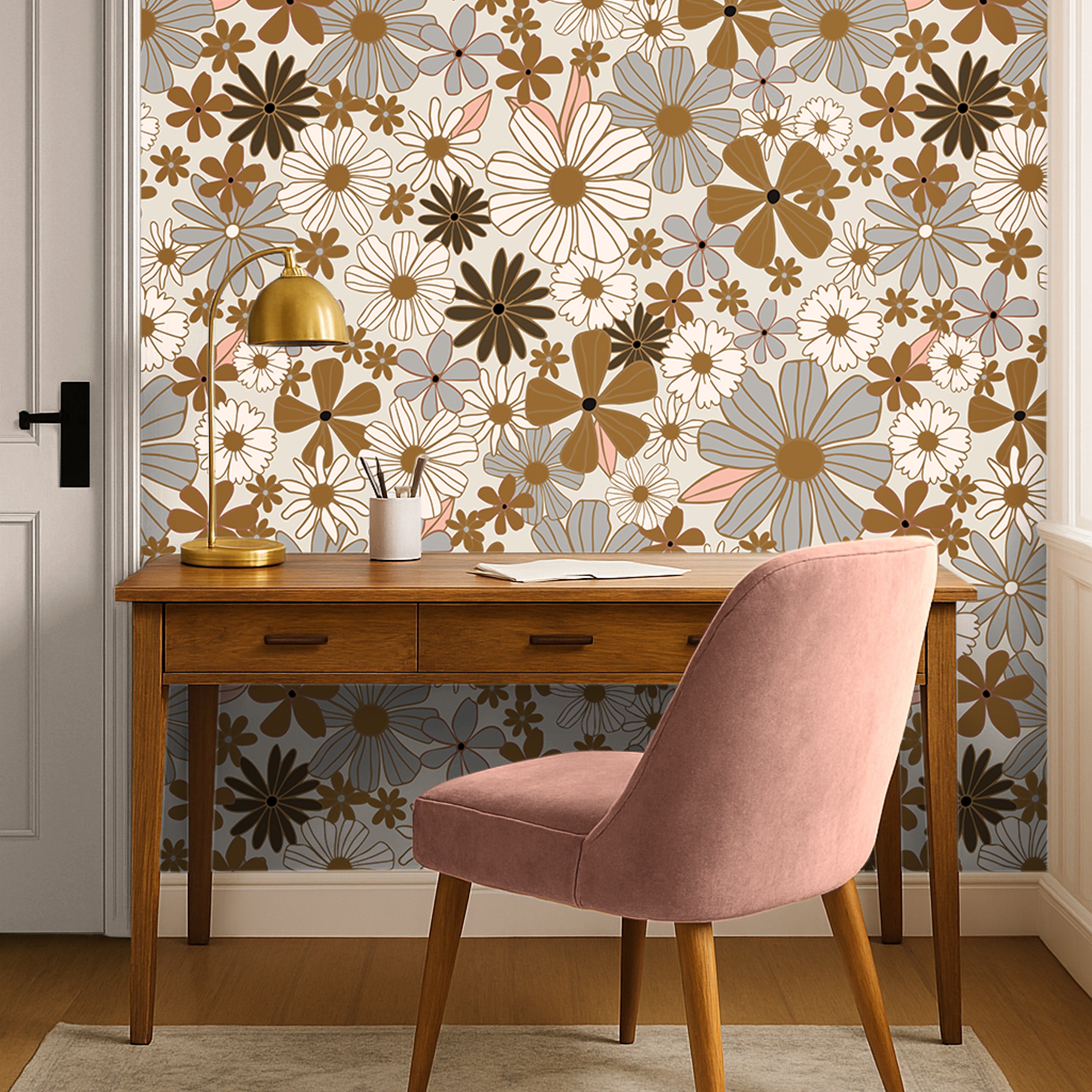 Golden Florals with white background in warm office space with pink accents