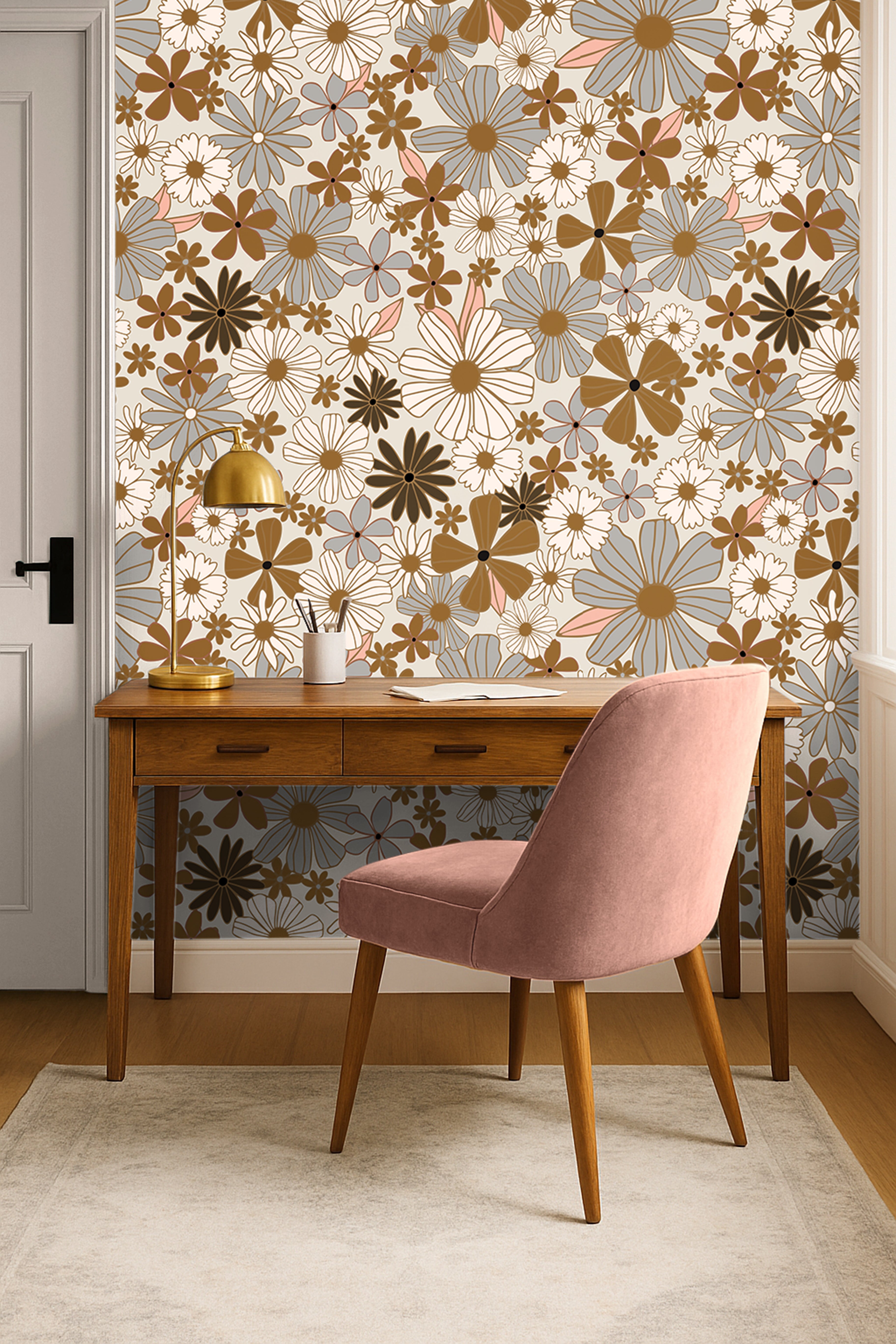 Golden Florals with white background in warm office space with pink accents