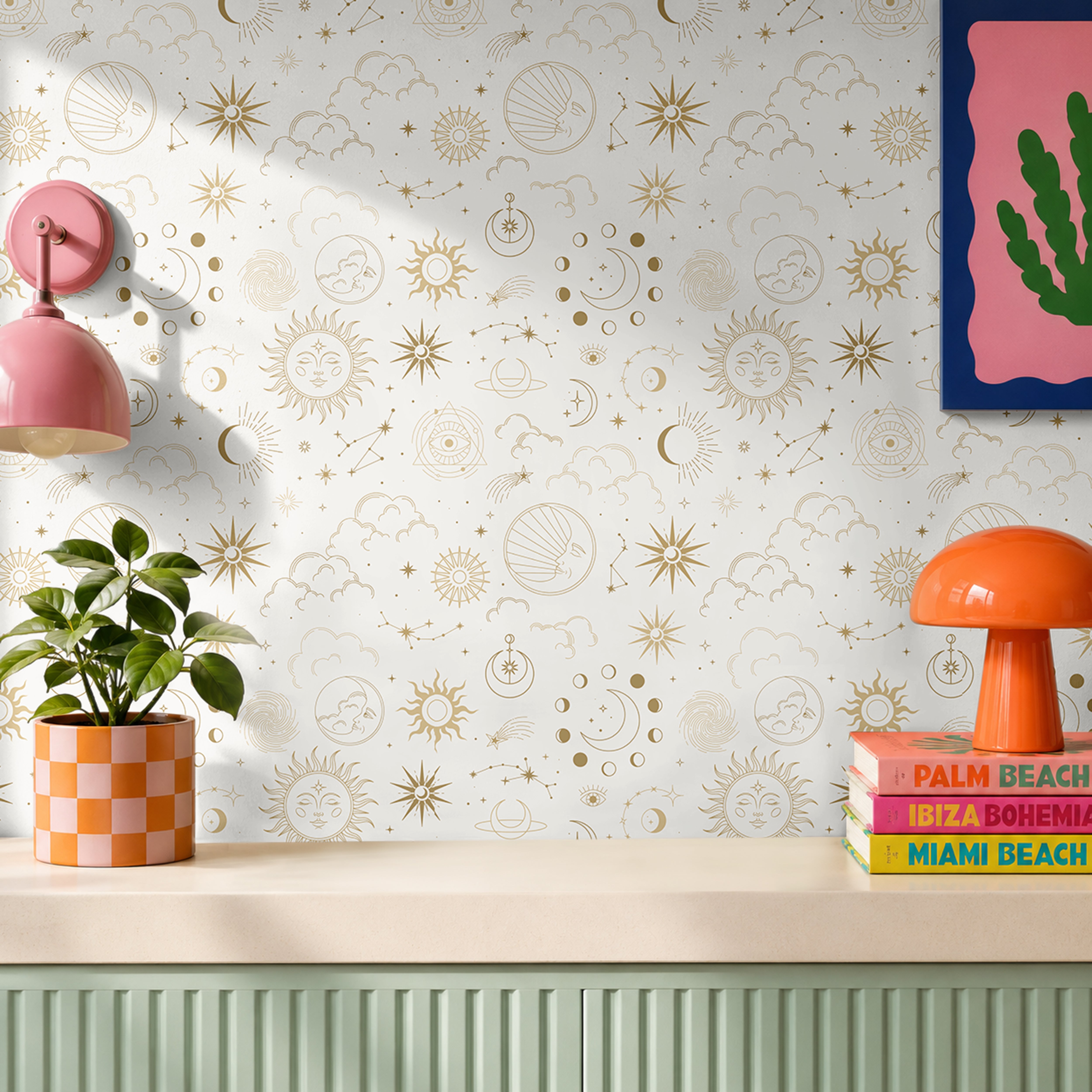Cream Golden Celestial eclectic Living Room 