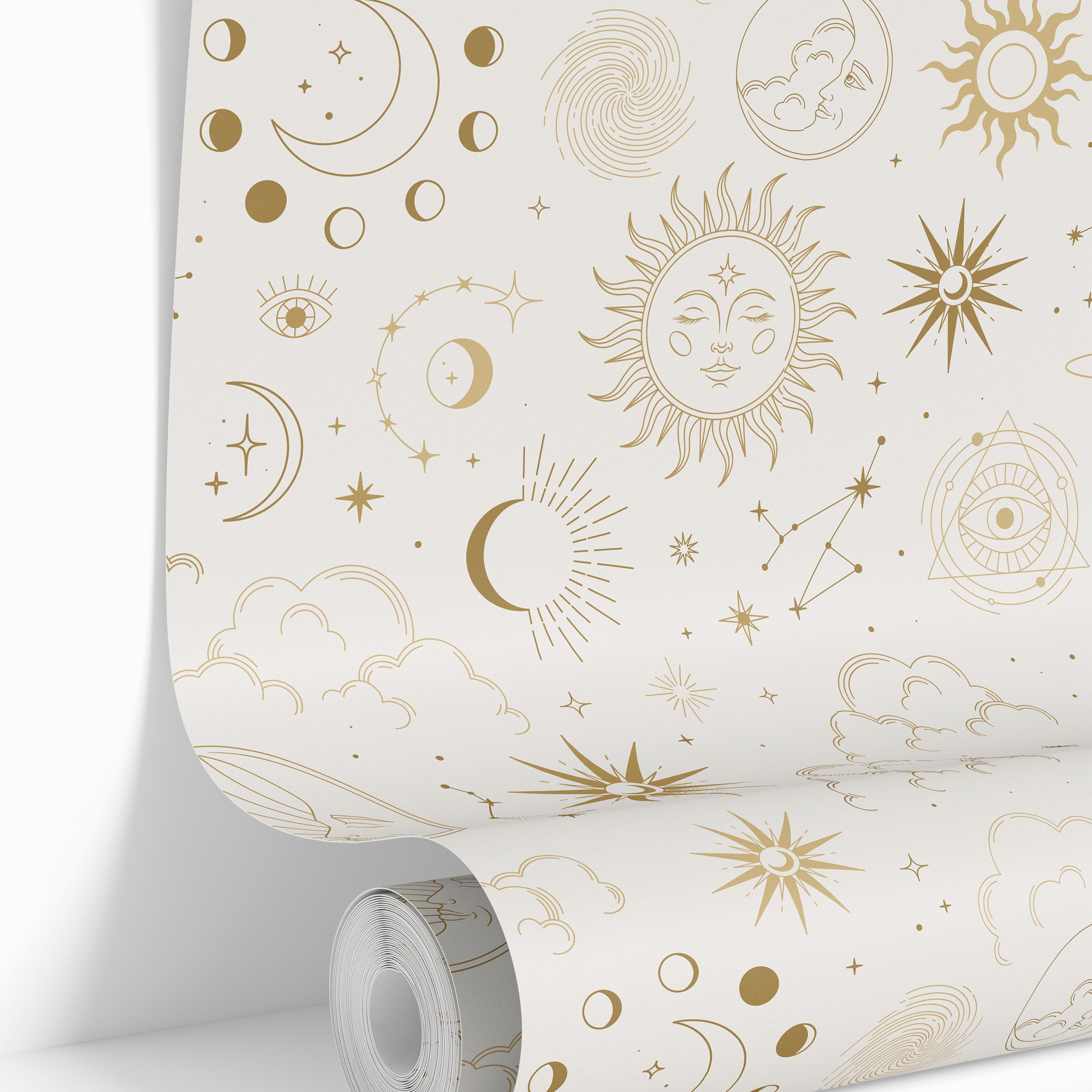 Golden Celestial moons and suns patterns on cream background