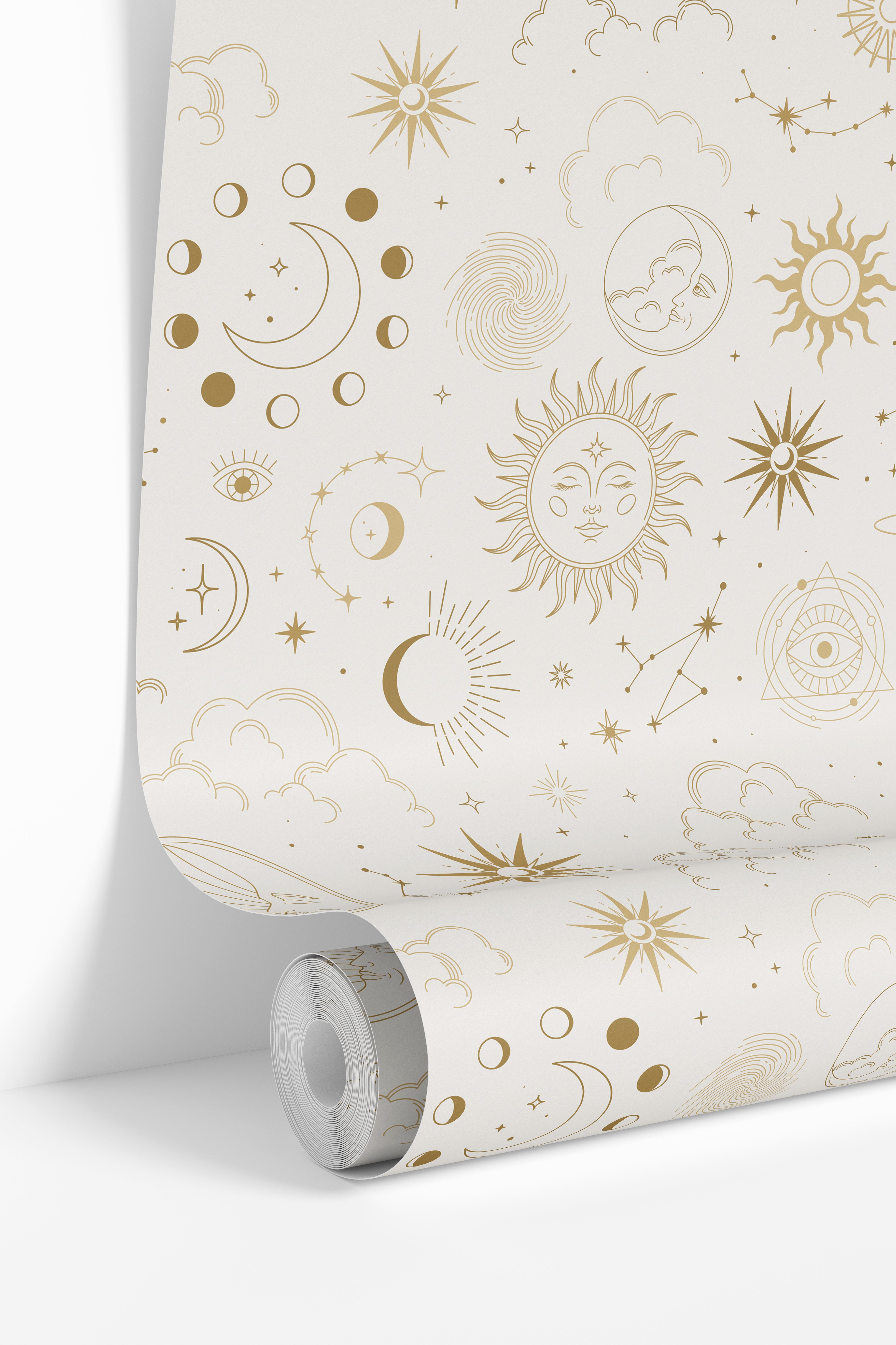 Golden Celestial moons and suns patterns on cream background