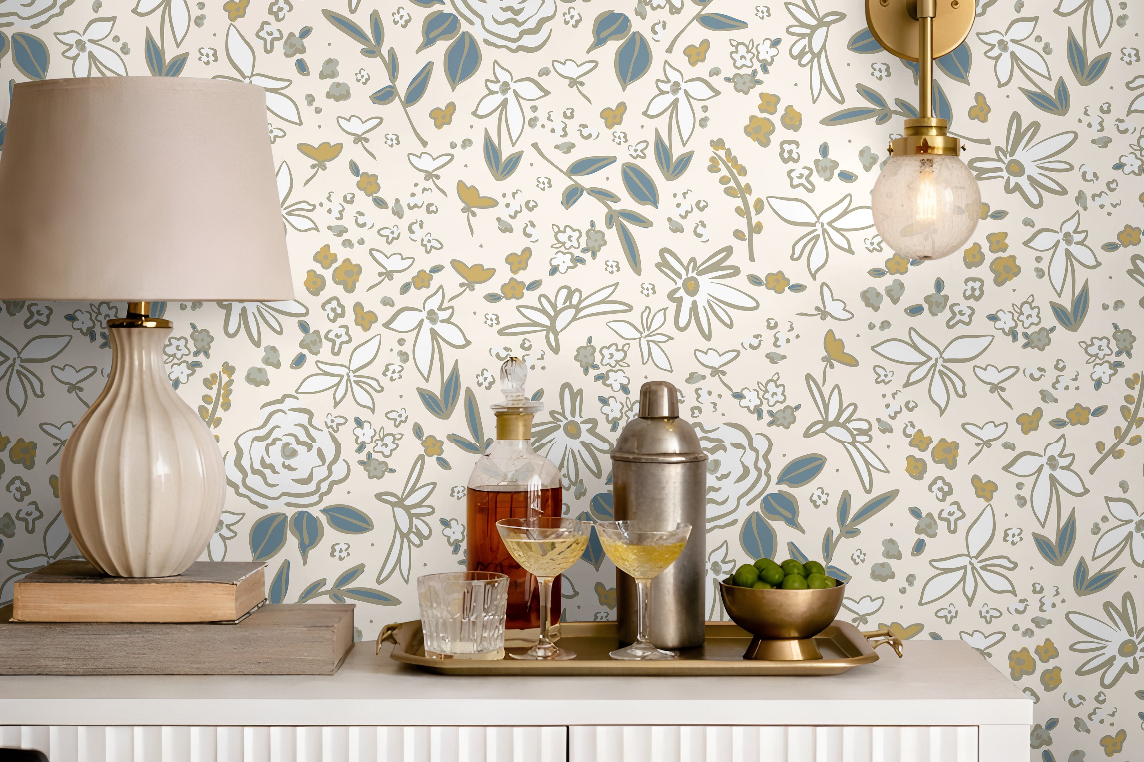 Cream blue and gold dainty florals in modern clean interior