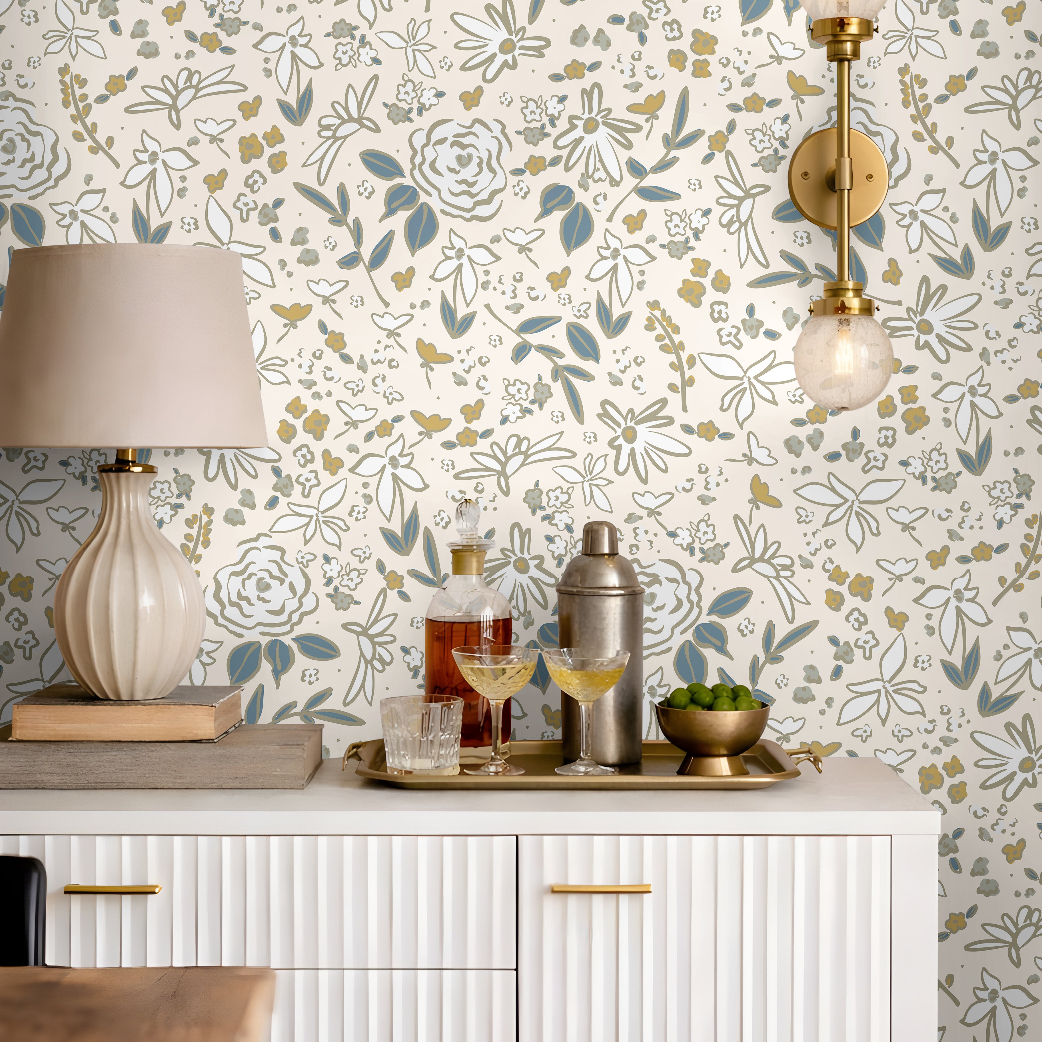 Cream blue and gold dainty florals in modern clean interior