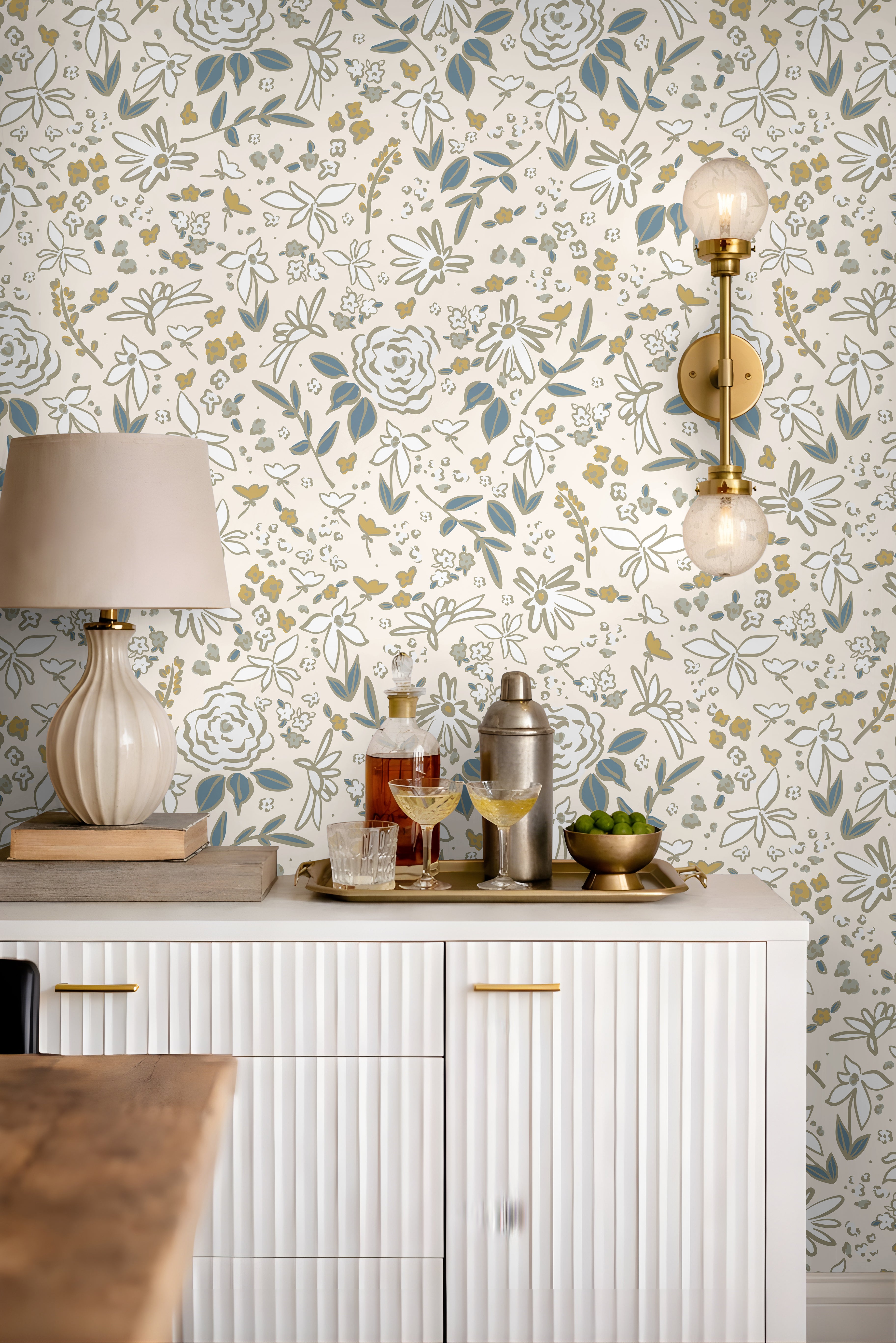 Cream blue and gold dainty florals in modern clean interior