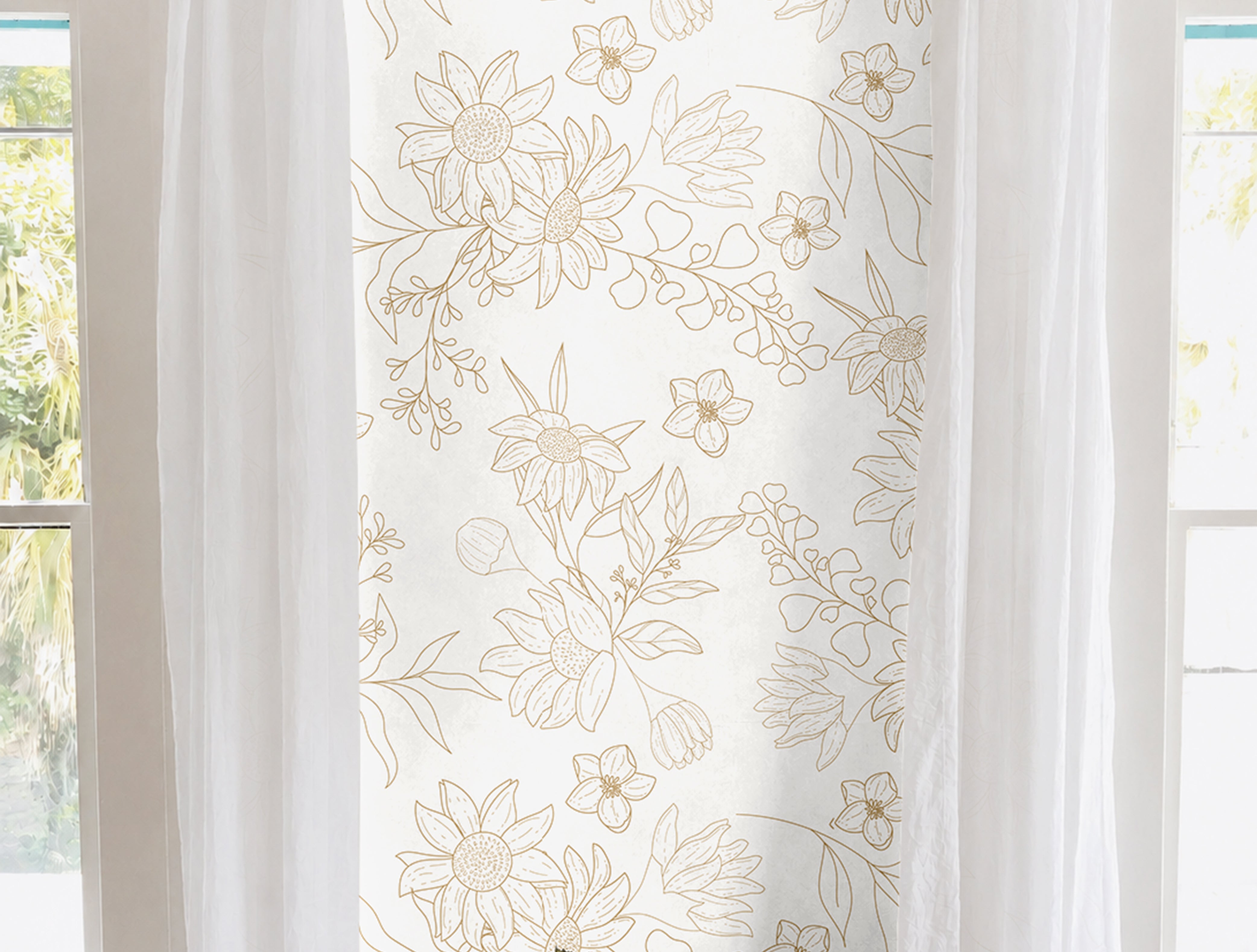 Drawn golden floral outlines in bright white living room
