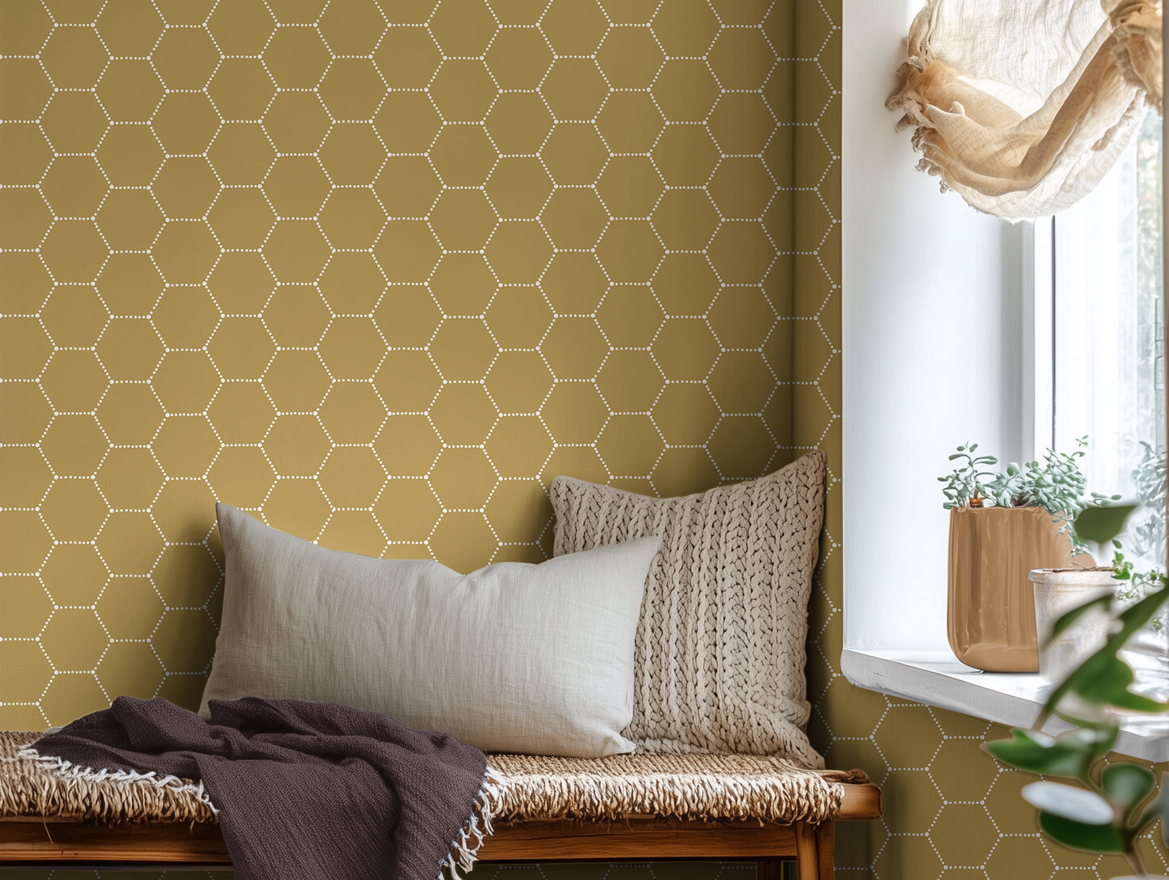 golden honeycomb patterned with white dots in warm day bed by window