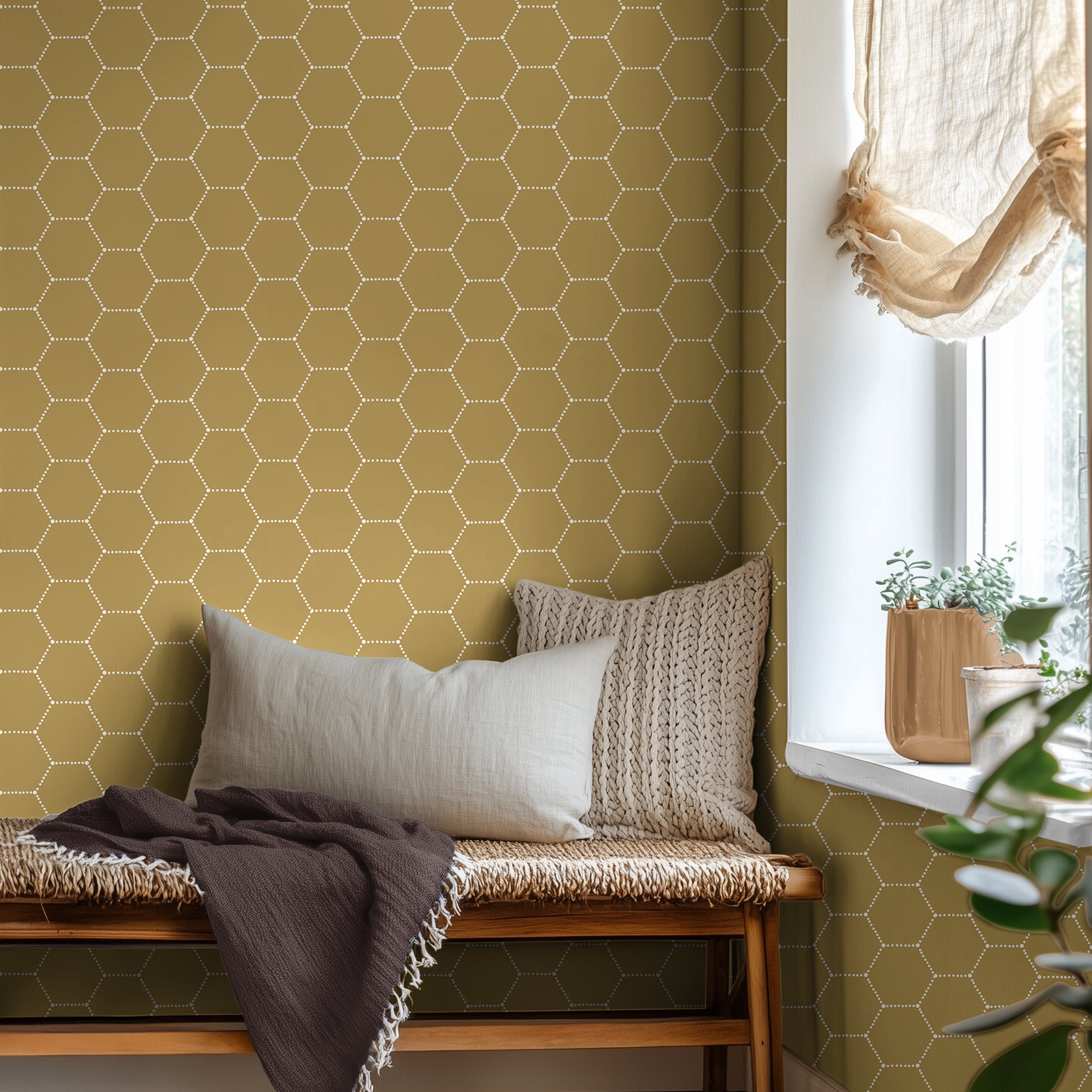 golden honeycomb patterned with white dots in warm day bed by window