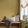 golden honeycomb patterned with white dots in warm day bed by window