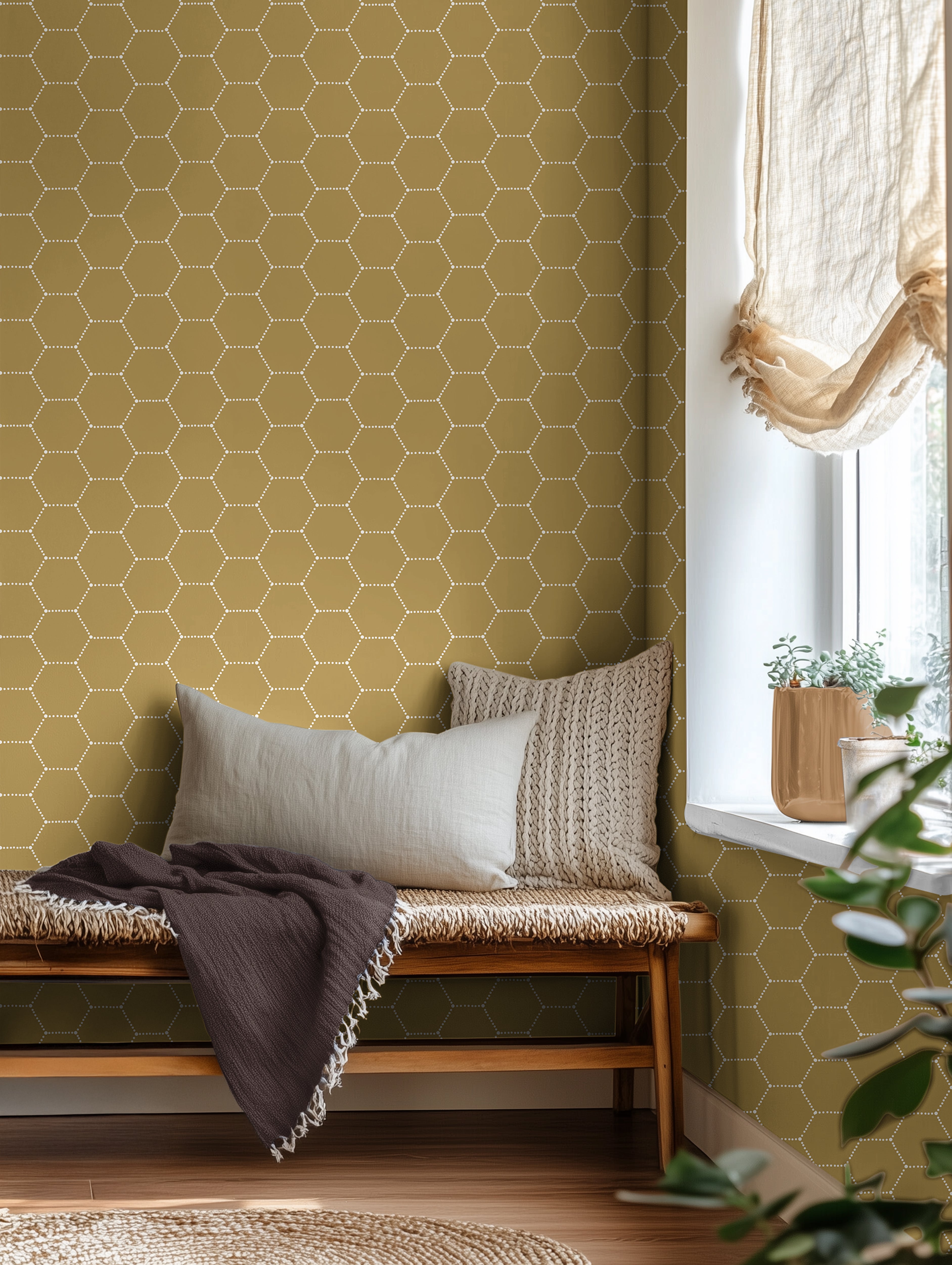 golden honeycomb patterned with white dots in warm day bed by window