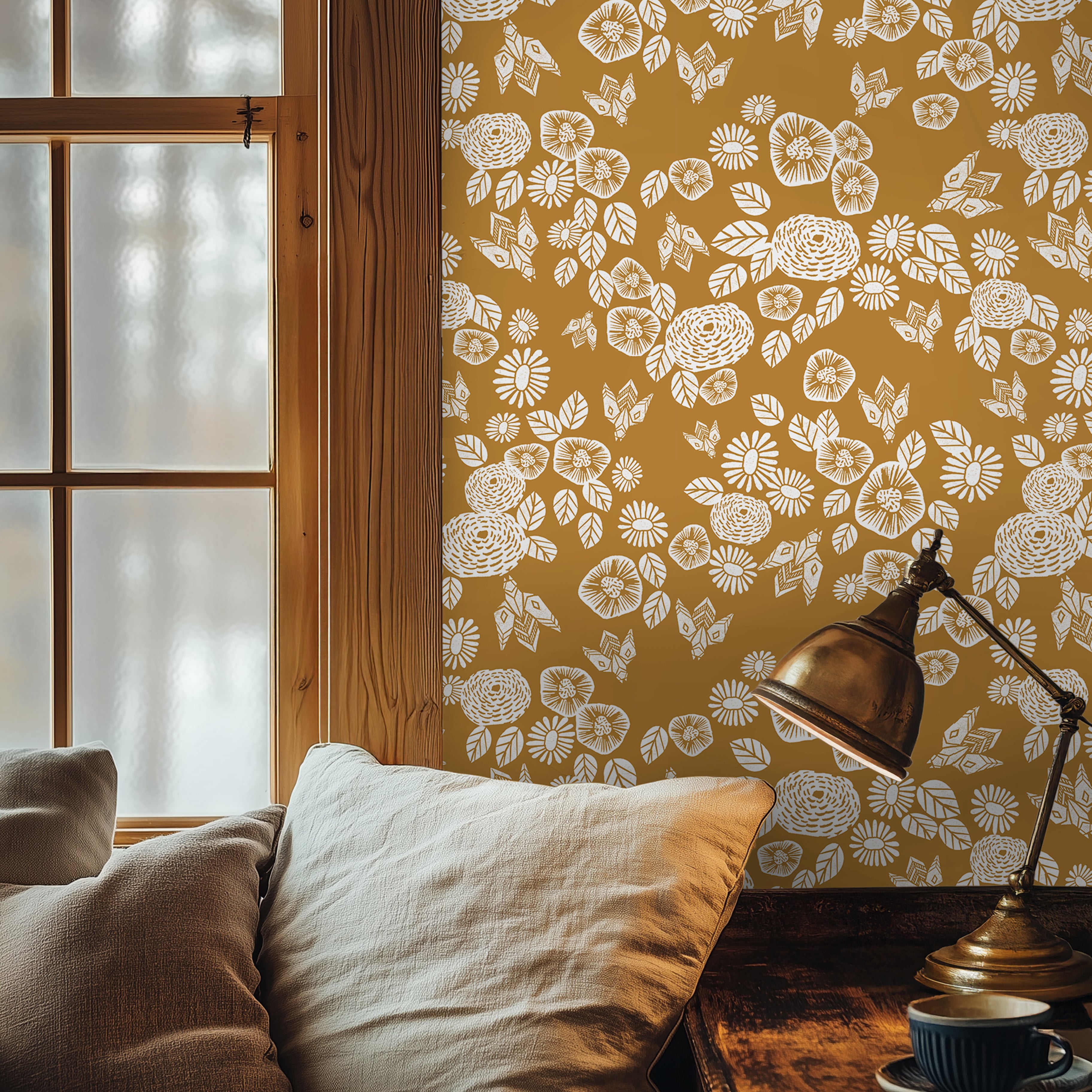 White florals with golden background styled in cozy interior 