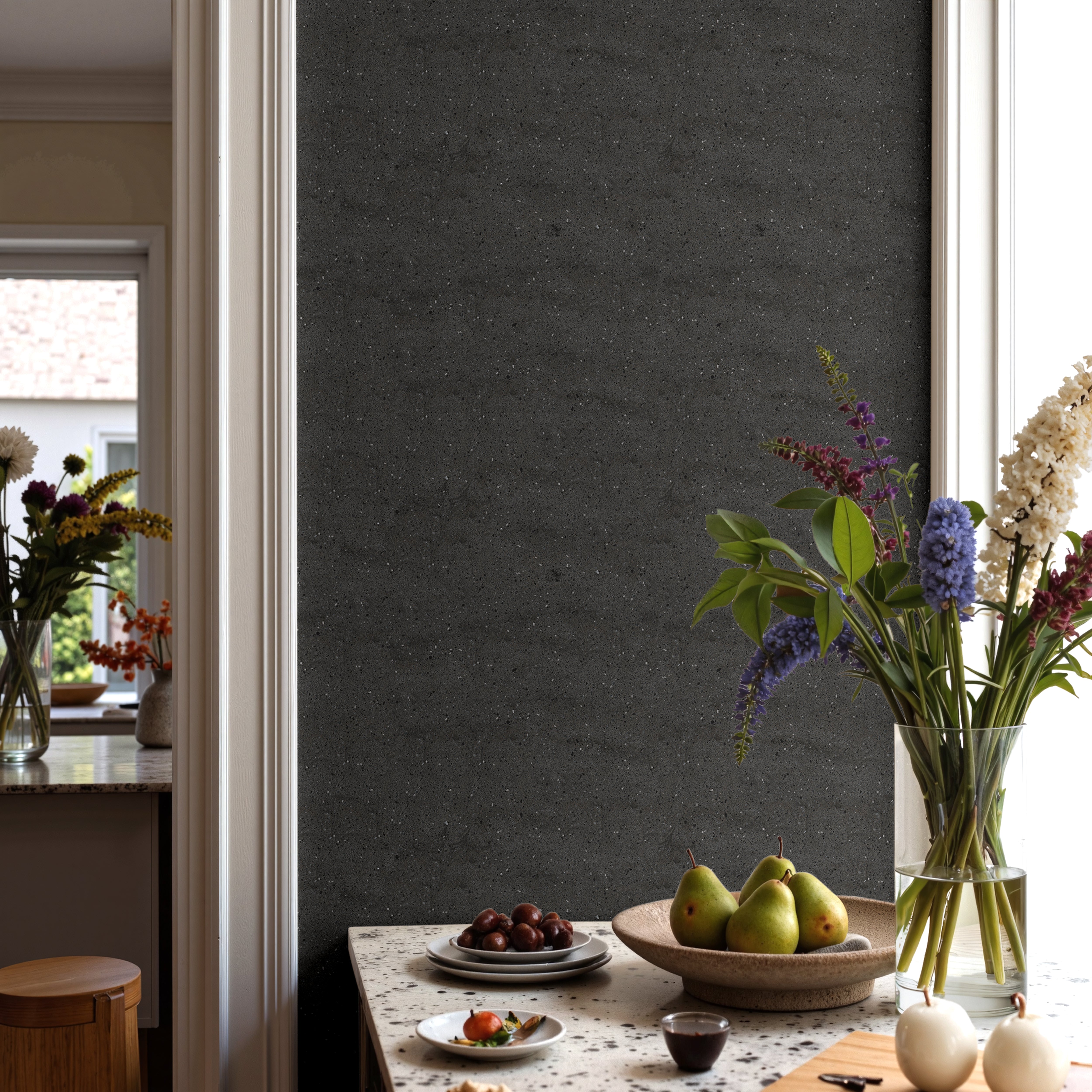 deep graphite base layered with subtle stone-like speckling in soft gray and mineral tones, creating a sleek, grounded surface that adds depth and architectural interest while maintaining a clean, refined look, 
