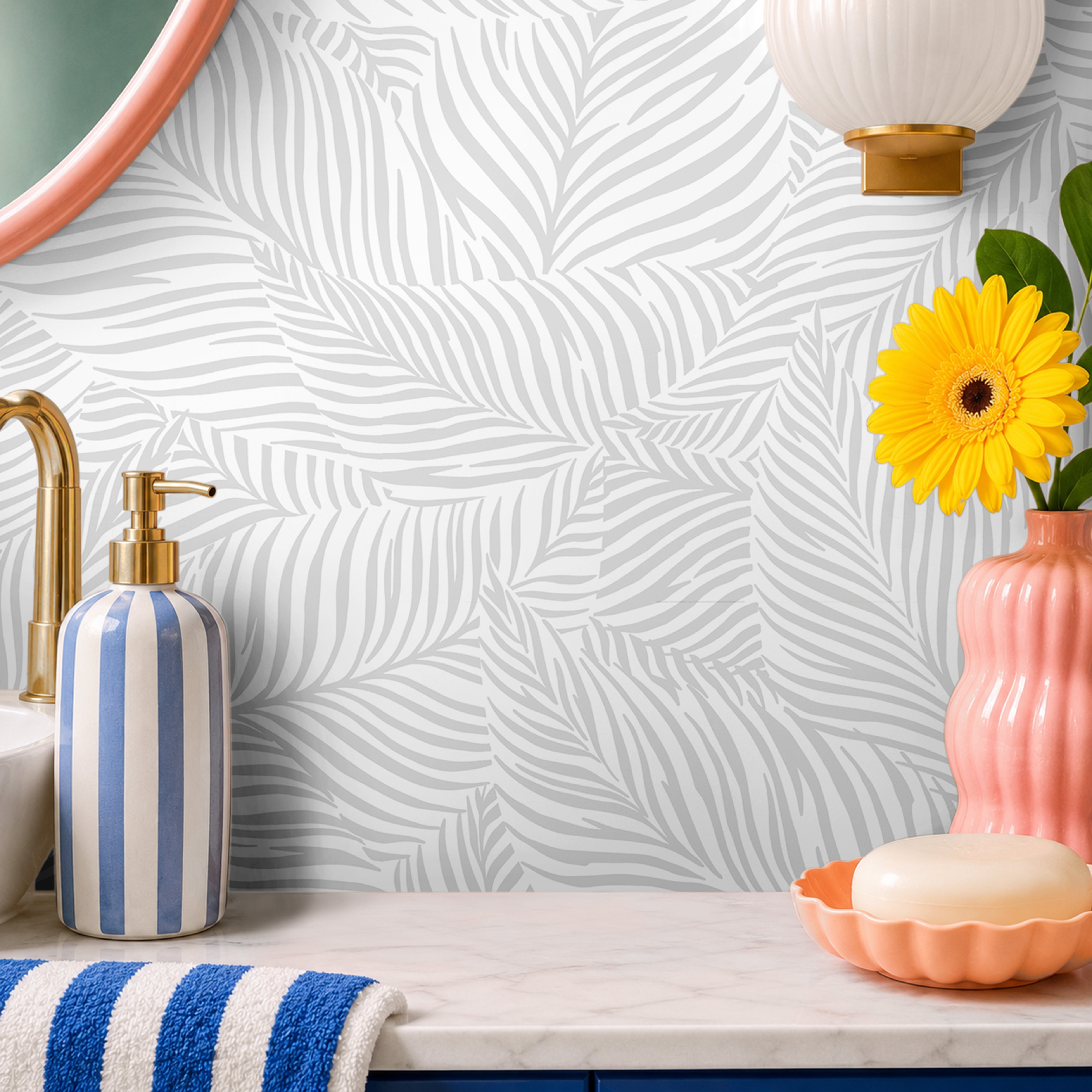 gray and white ferns in eclectic bathroom