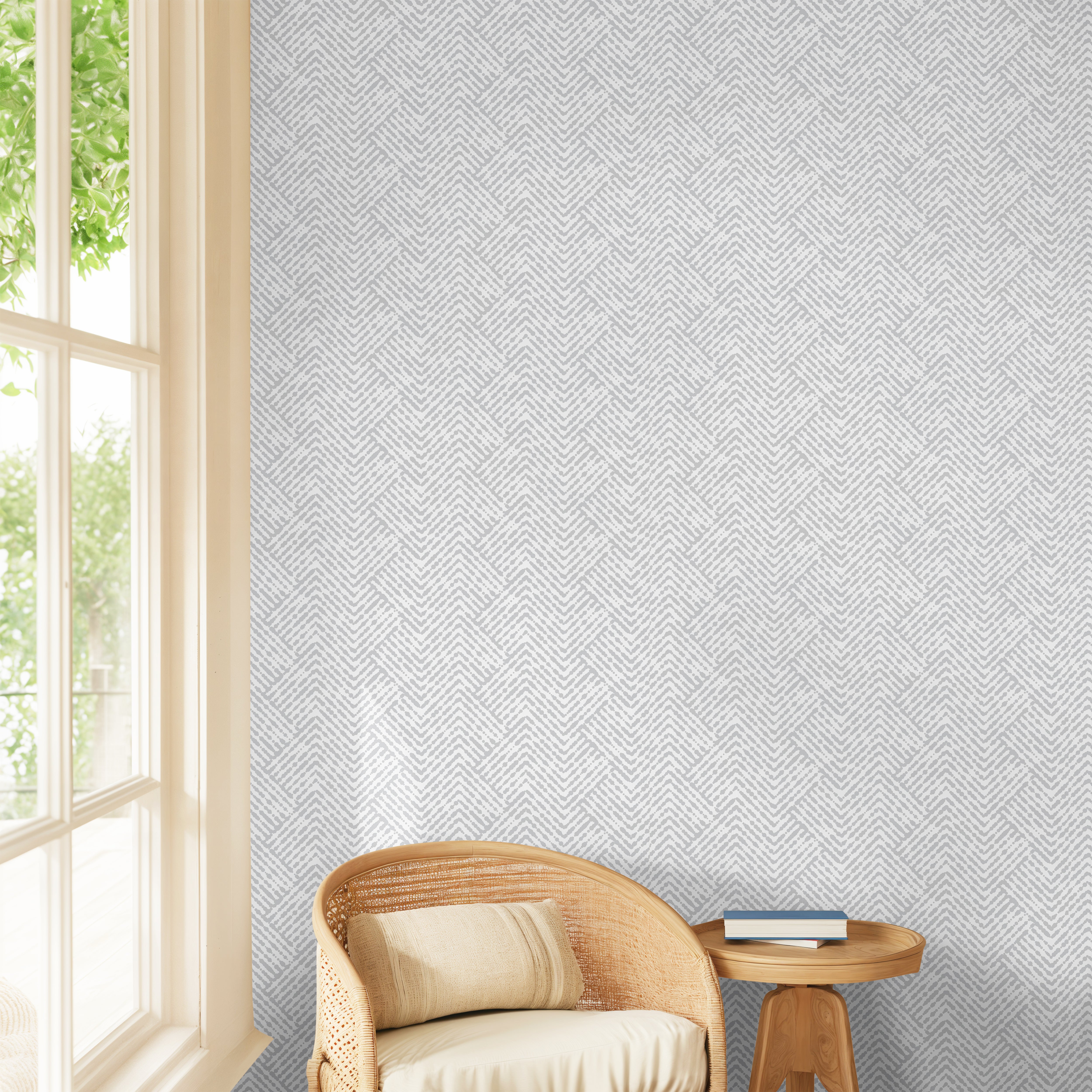 Gray and white geometric pattern in reading corner
