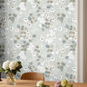 Neutral Florals on light grey background in warm dining room interior