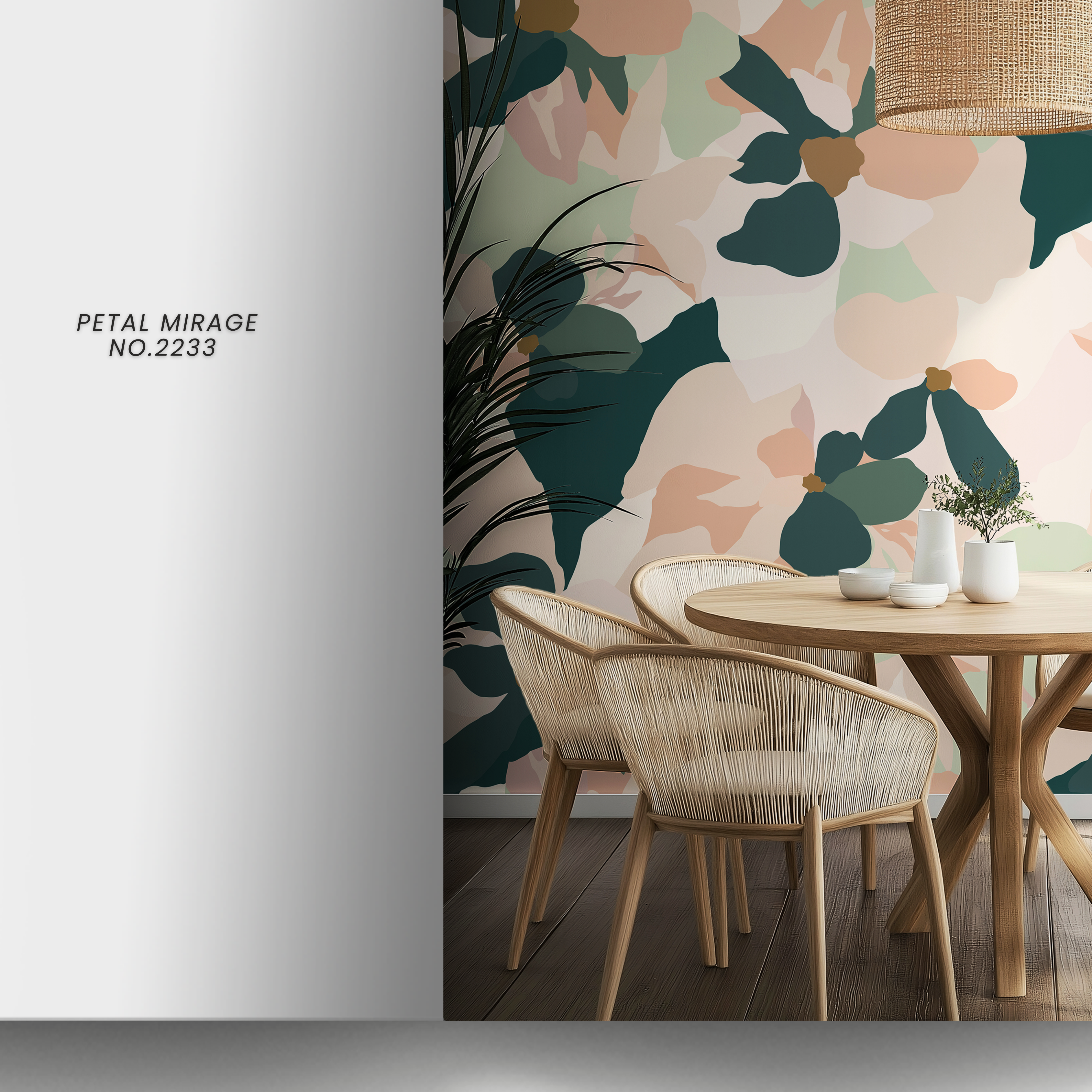 Living space featuring Petal Mirage Wallpaper with painterly petals in natural hues creating an elegant artistic atmosphere