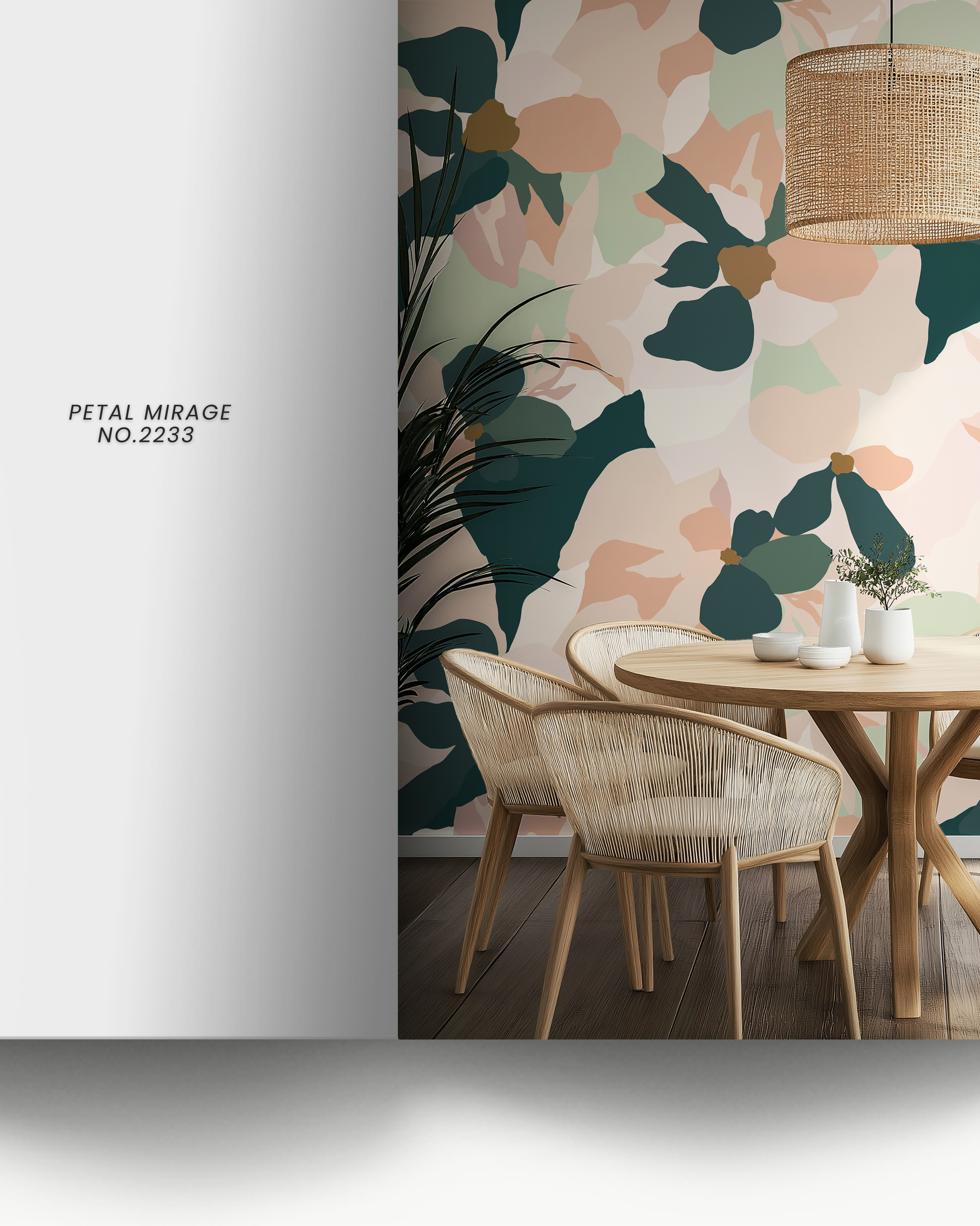 Living space featuring Petal Mirage Wallpaper with painterly petals in natural hues creating an elegant artistic atmosphere