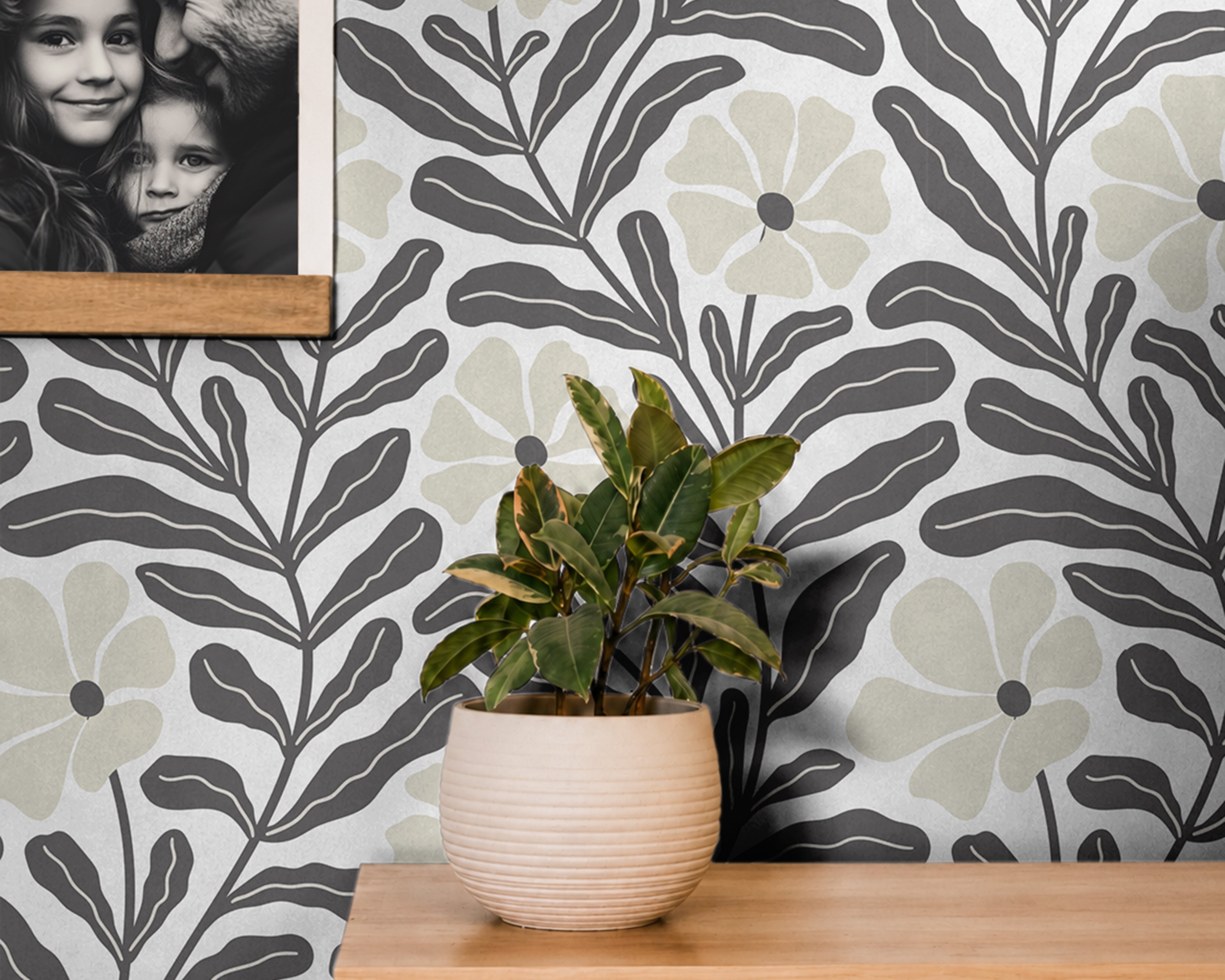 stunning fusion of oversized floral elements and organic sprigs in a sophisticated black-and-beige palette