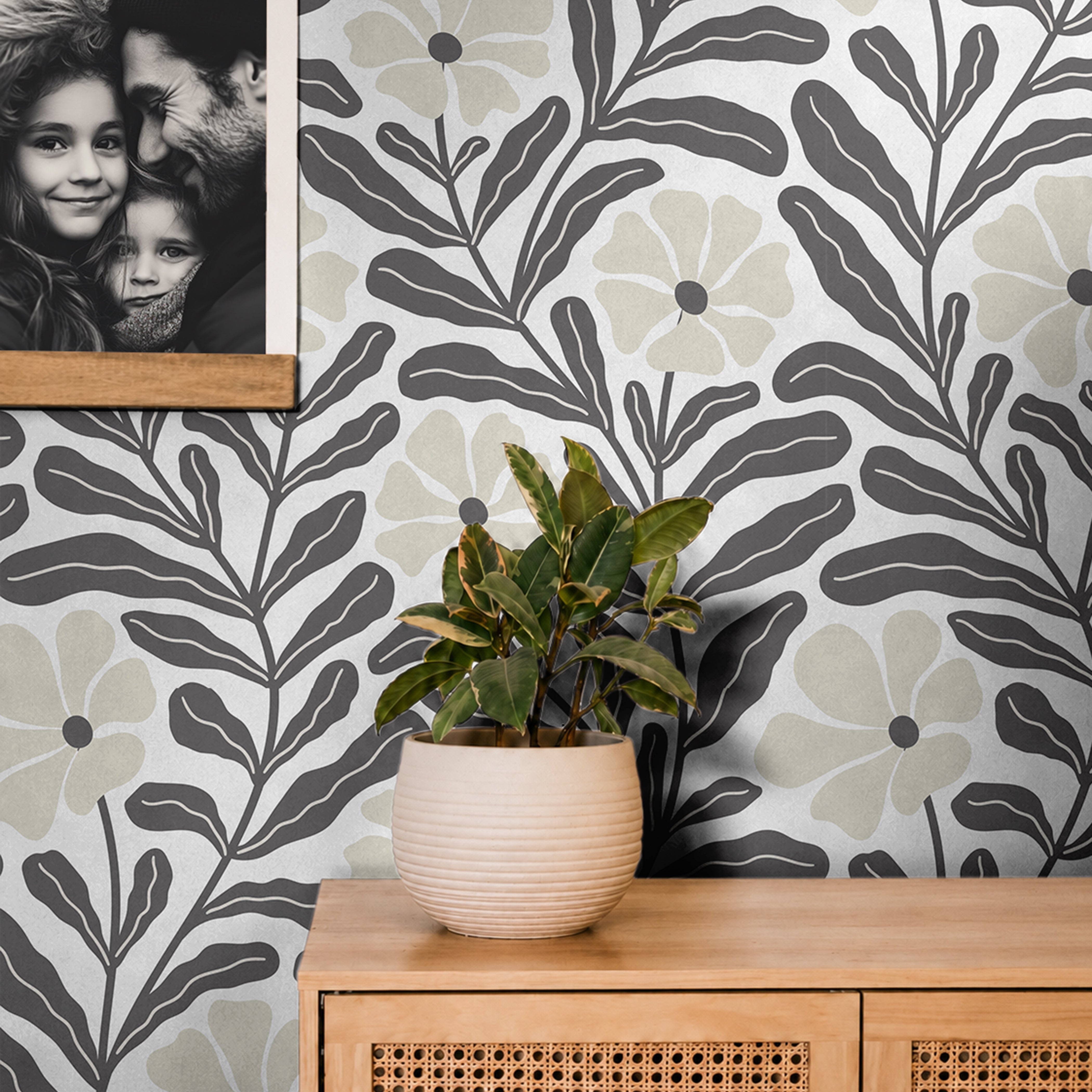 stunning fusion of oversized floral elements and organic sprigs in a sophisticated black-and-beige palette