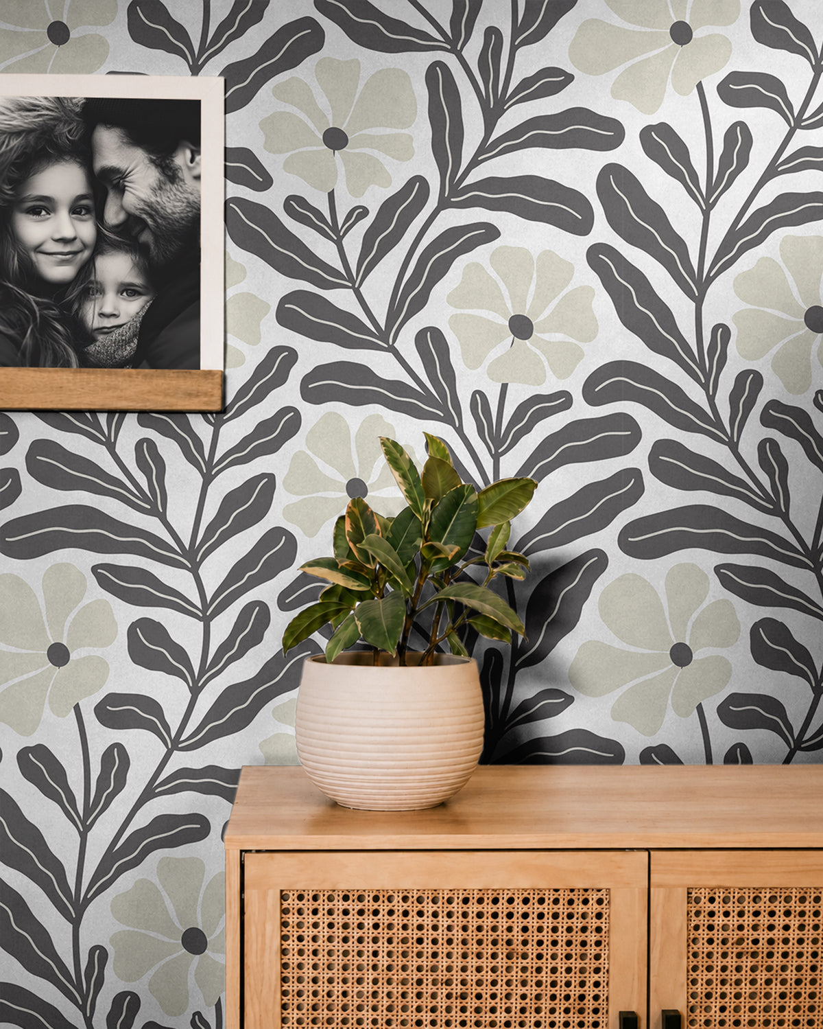 stunning fusion of oversized floral elements and organic sprigs in a sophisticated black-and-beige palette