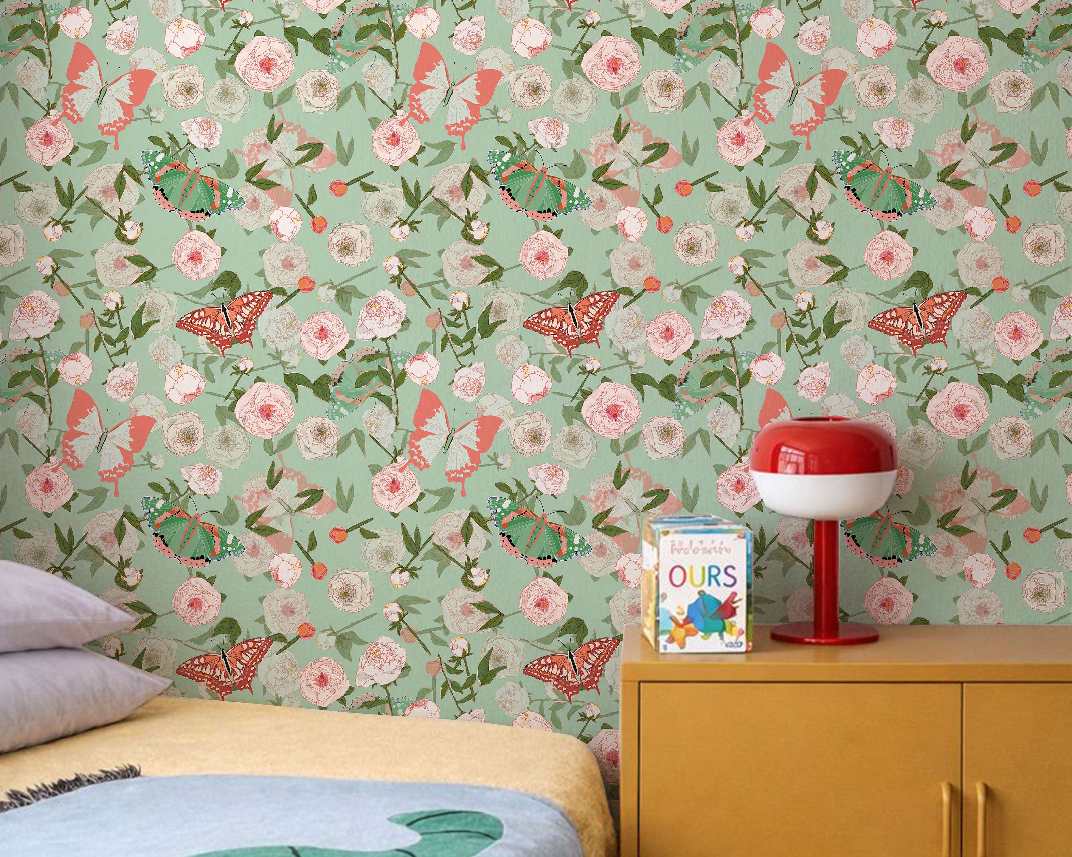 Green and pink florals with butterflies on green background in kids room