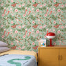 Green and pink florals with butterflies on green background in kids room
