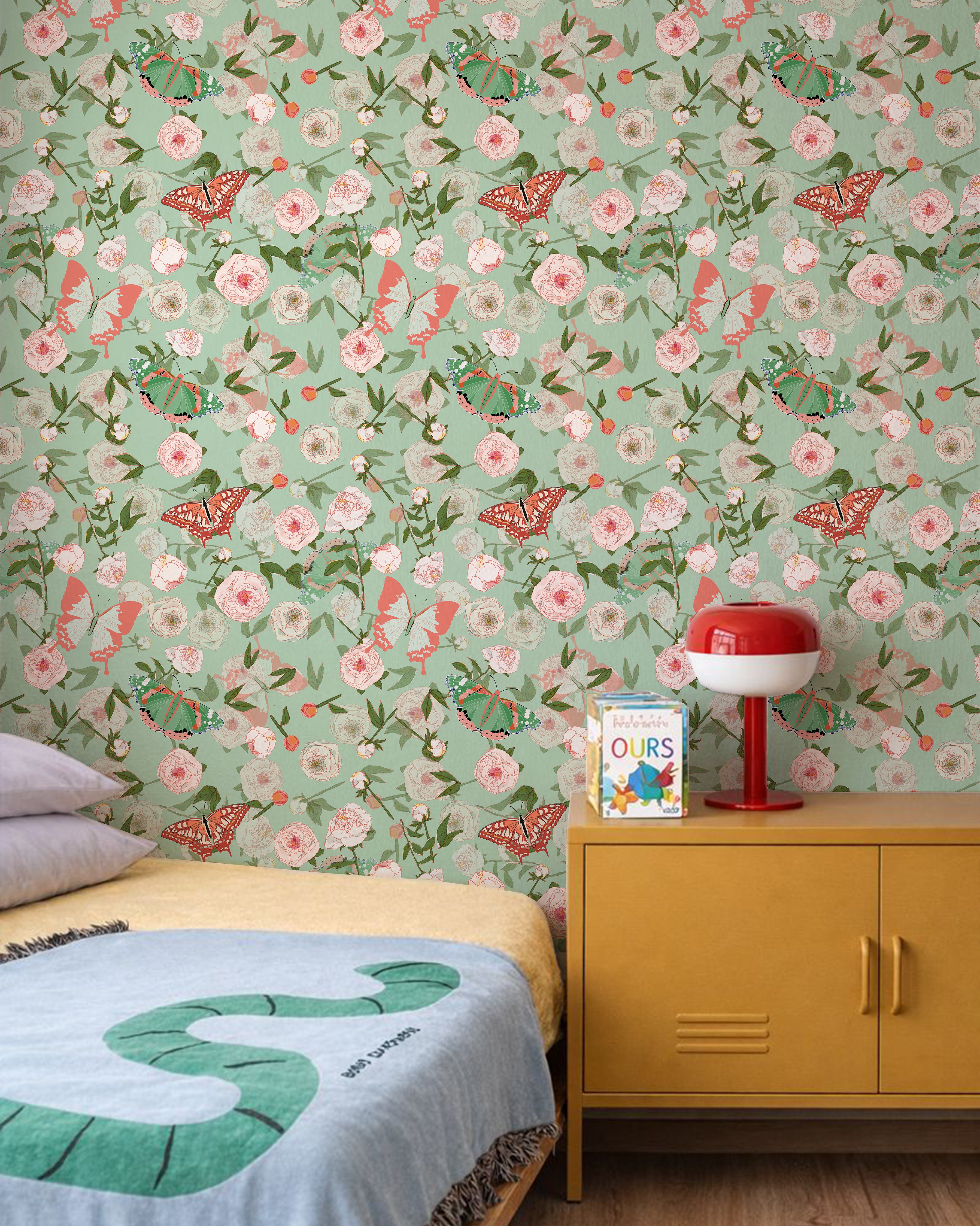 Green and pink florals with butterflies on green background in kids room