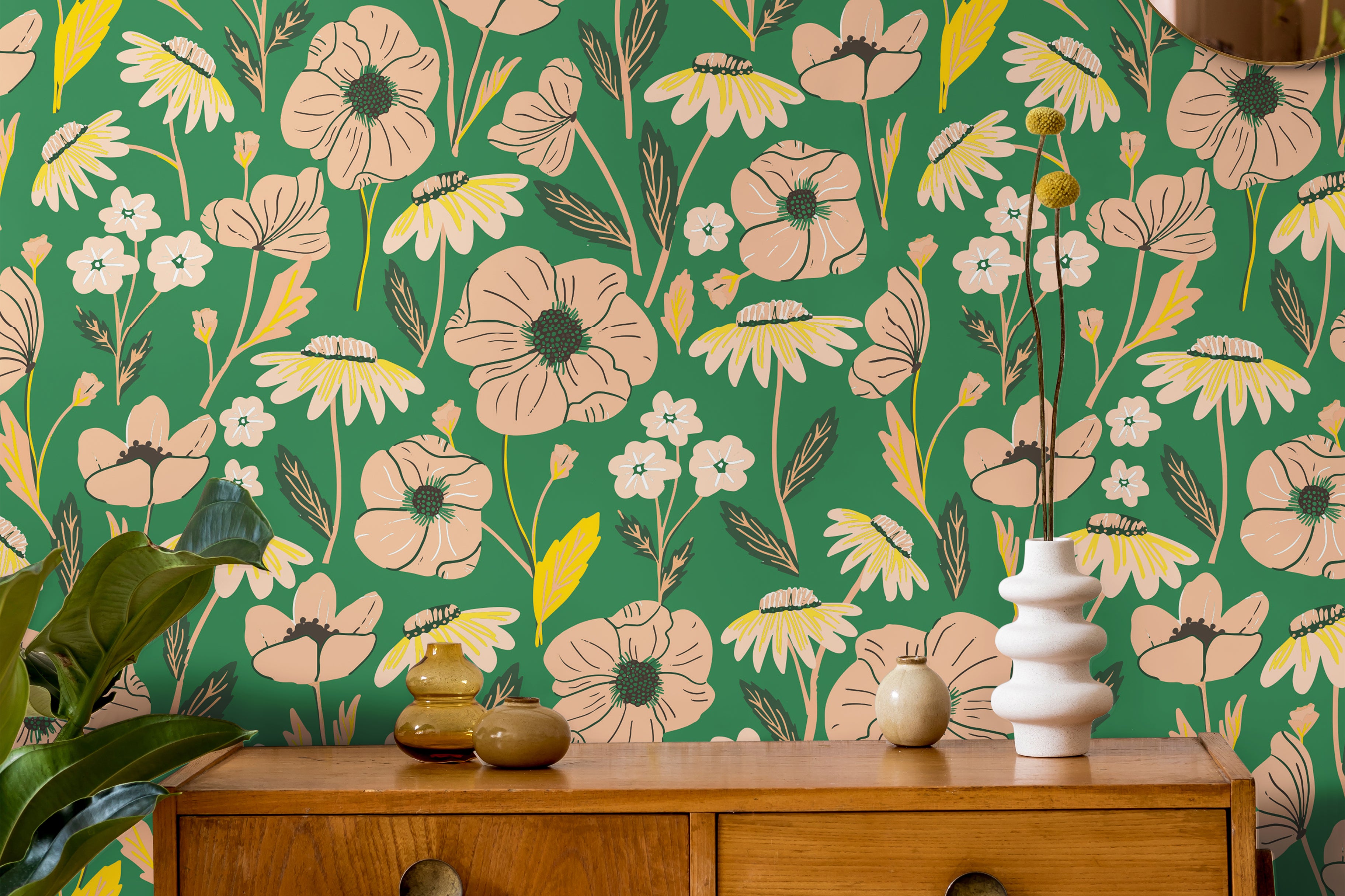 Blush pink florals on bright green background styled with warm wood tones and 
