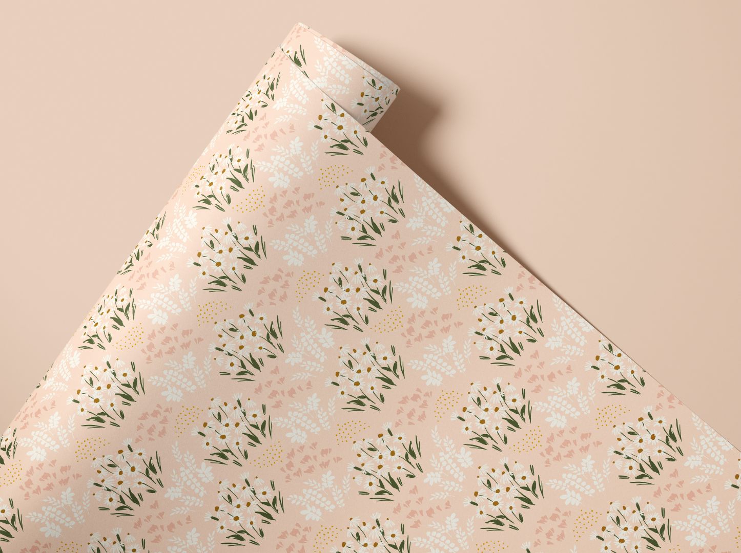 Harlow Hill contact paper roll featuring blush background with white daisies and sage-green stems by James & Colors