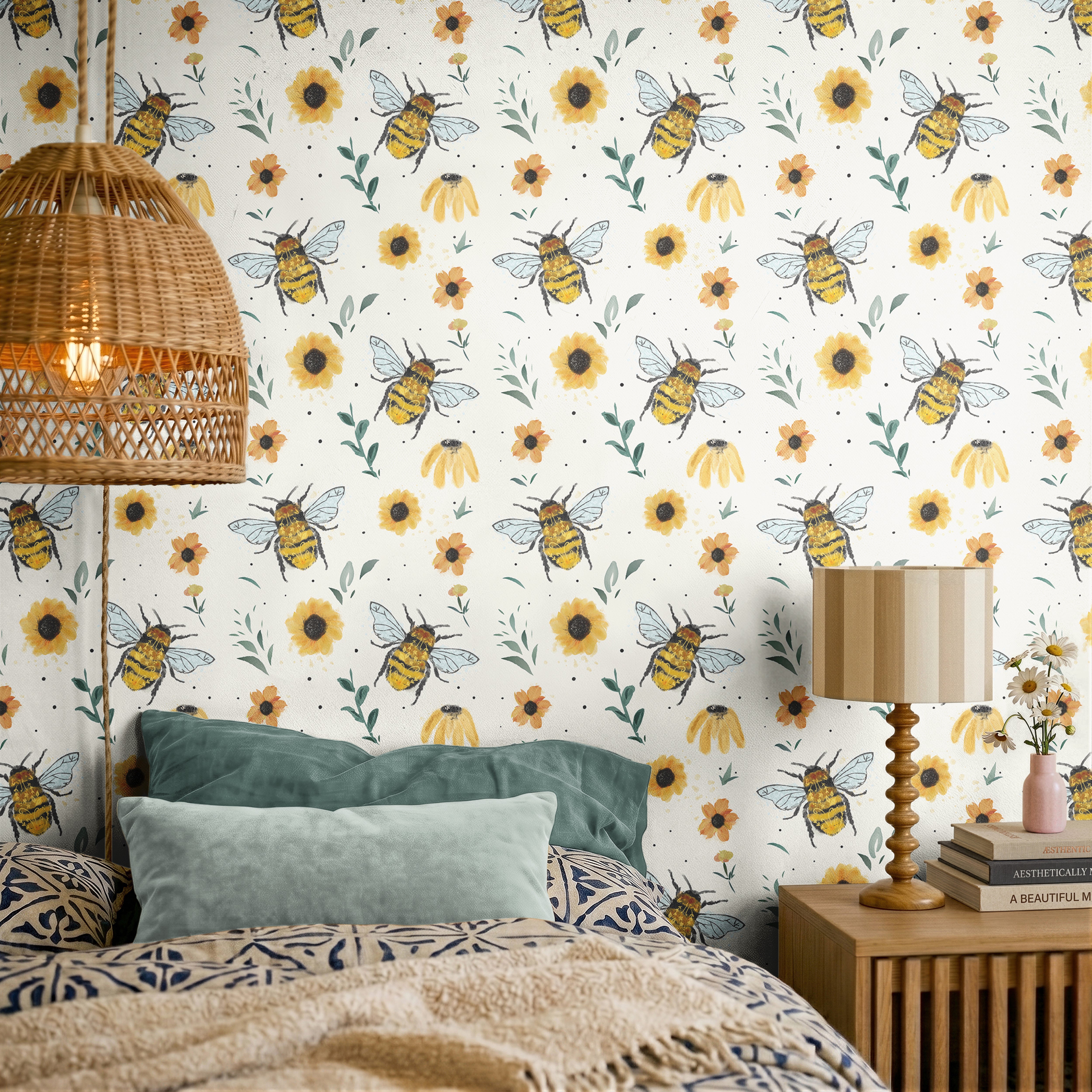 sweet charm of buzzing bees and blooming sunflowers in a soft, watercolor-inspired design