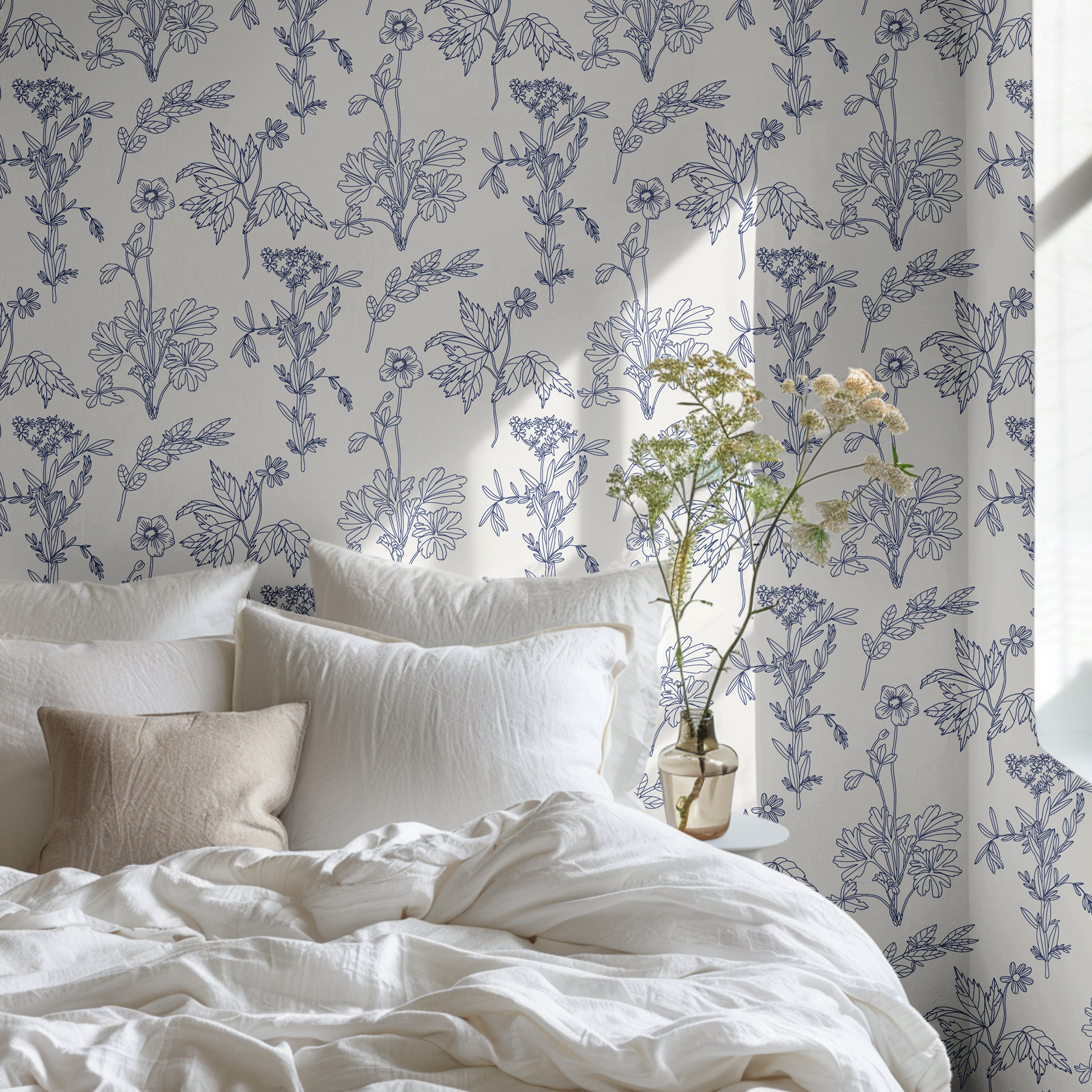 Blue Drawn Florals in light airy bedroom